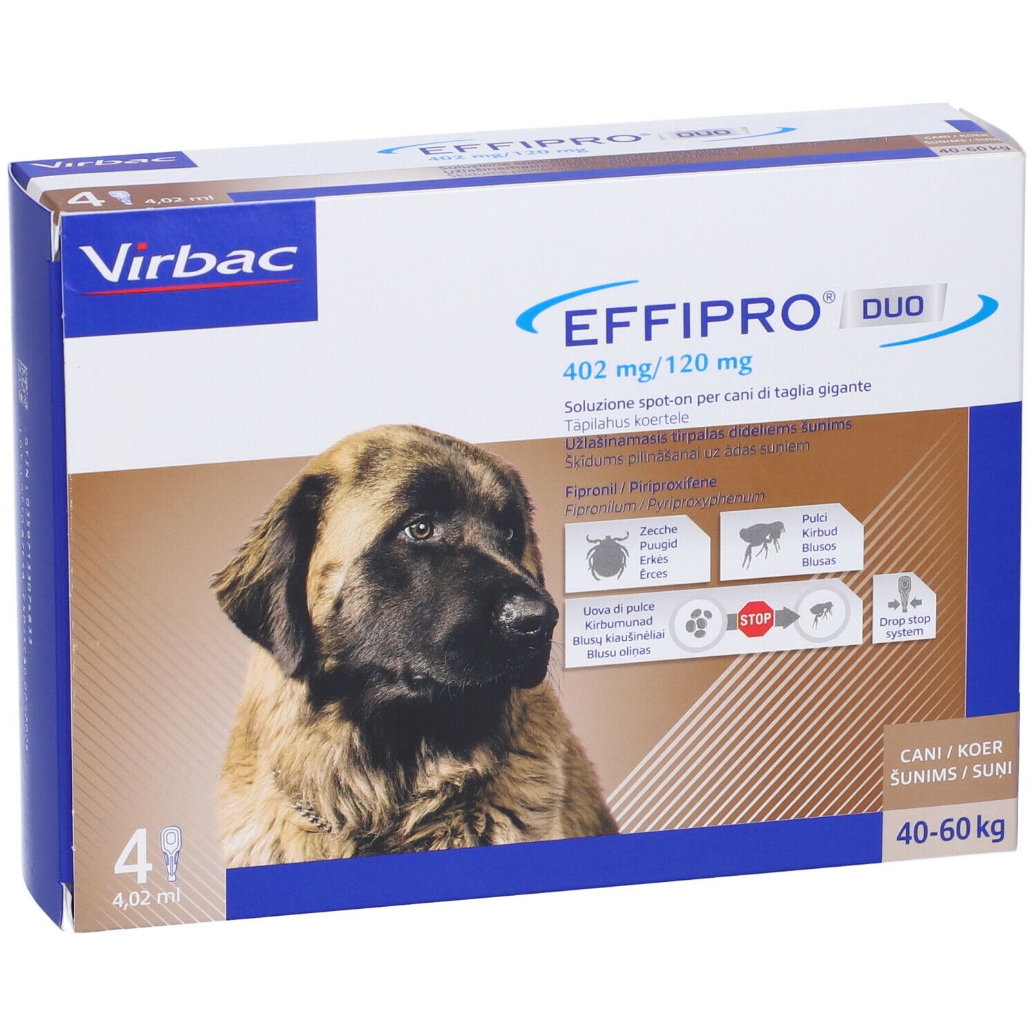 Confezione di EFFIPRO DUO. Contiene 4 pipette. Indicazione: cani 40-60 kg. Contiene 402 mg/120 mg.
