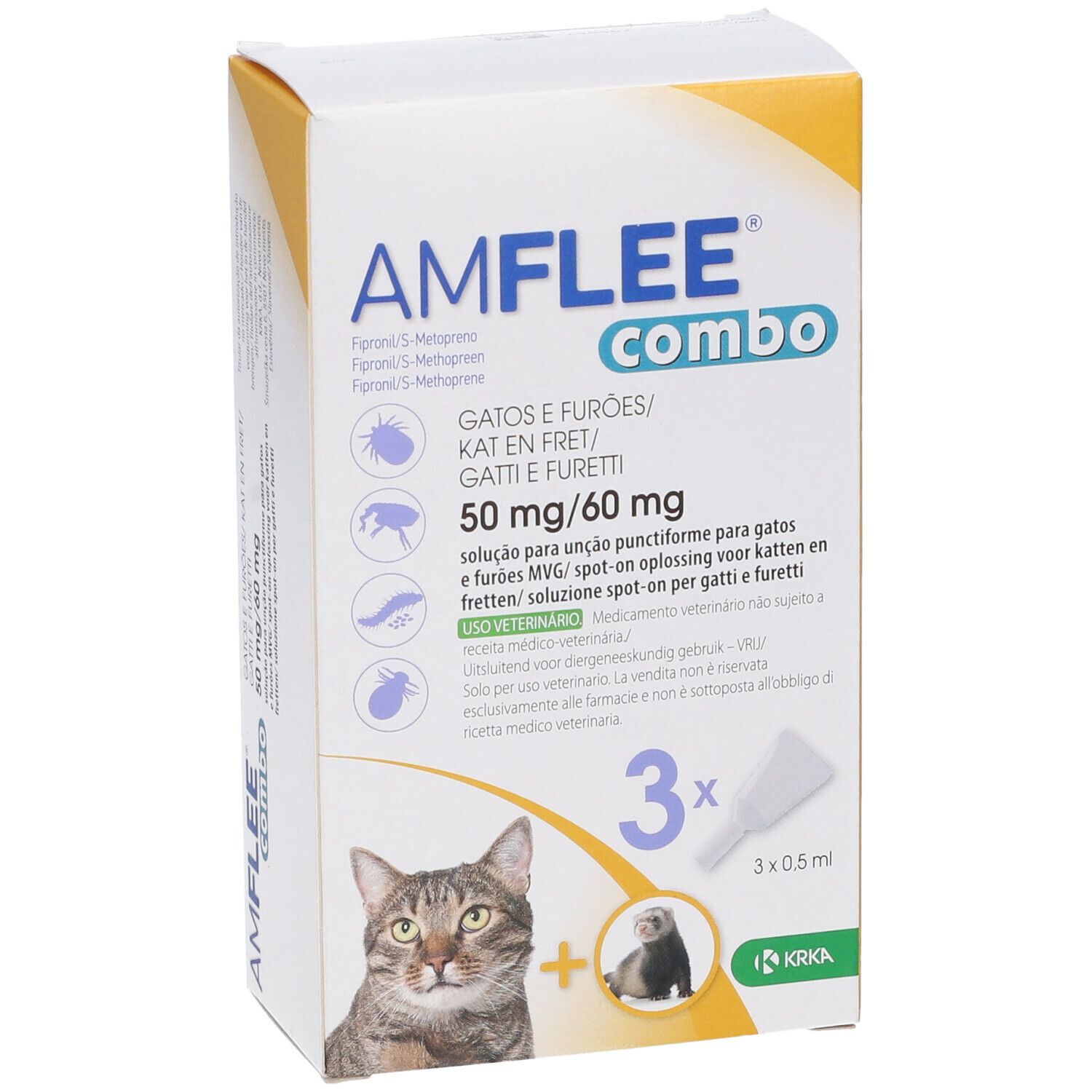 Confezione del prodotto con nome, ingredienti e illustrazioni di gatto e furetto.