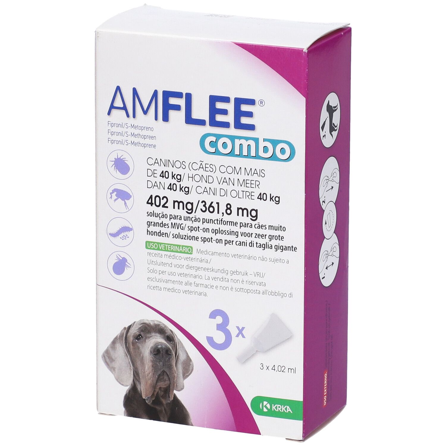 Confezione Amflee Combo. Contiene 3 pipette e un applicatore. Scritto: Per cani oltre 40 kg.
