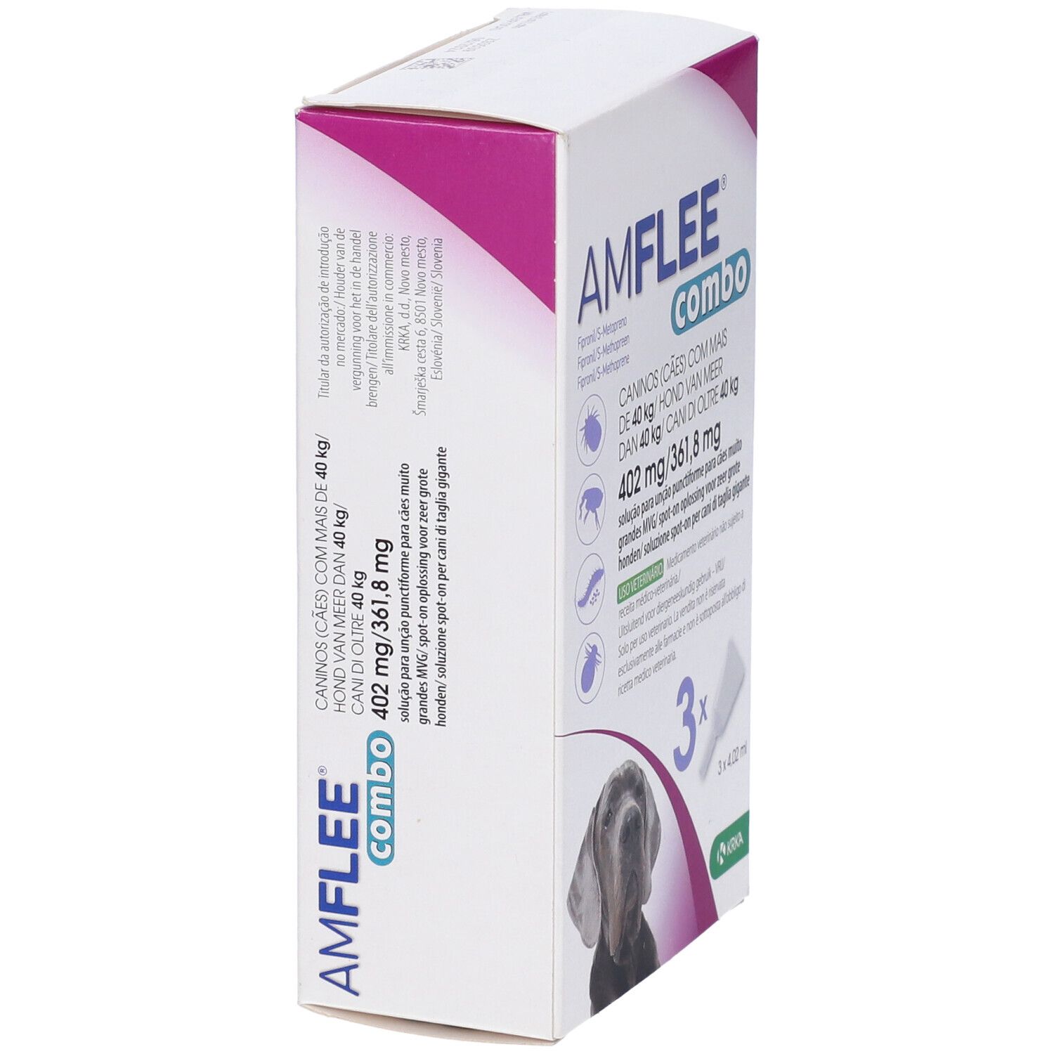 Confezione Amflee Combo, angolata. Contiene 3 pipette e un applicatore. Per cani oltre 40 kg.