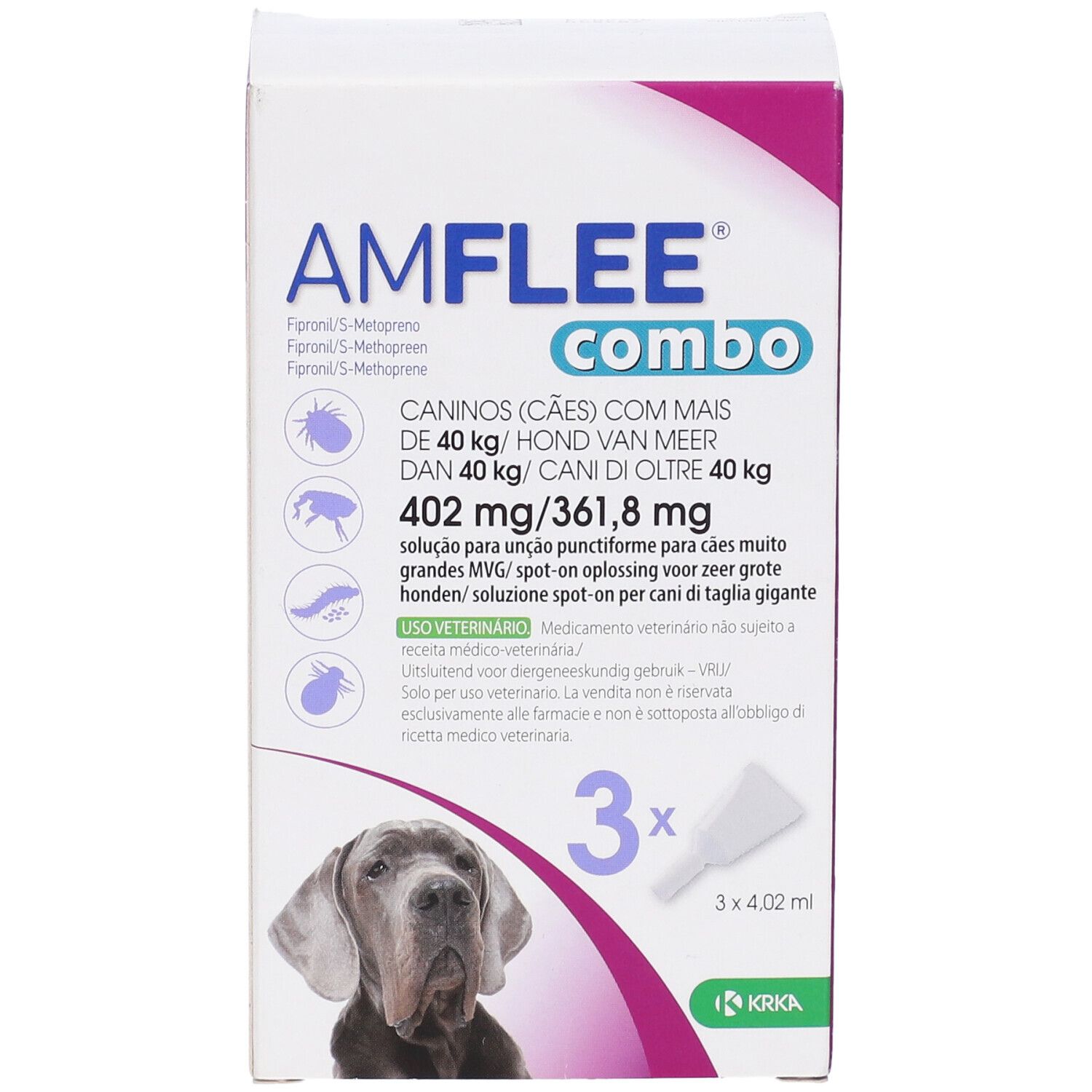 Confezione Amflee Combo. Contiene 3 pipette e un applicatore. Per cani oltre 40 kg.