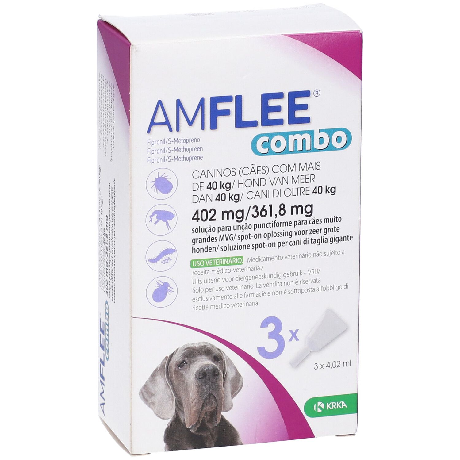 Confezione Amflee Combo. Contiene 3 pipette e un applicatore. Per cani oltre 40 kg.