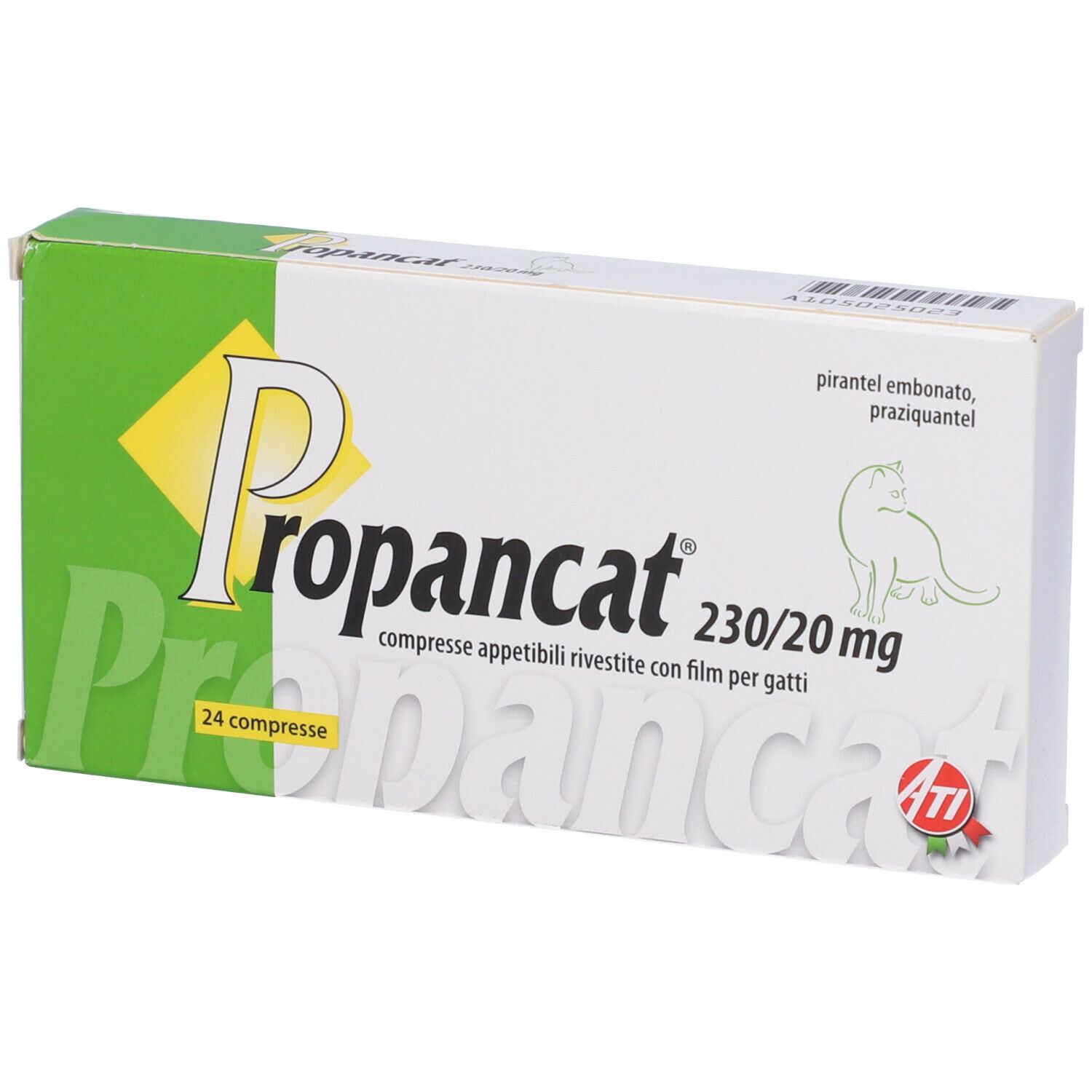 Scatola di compresse "Propancat 230/20 mg" per gatti. 24 compresse. Design verde e bianco con logo.