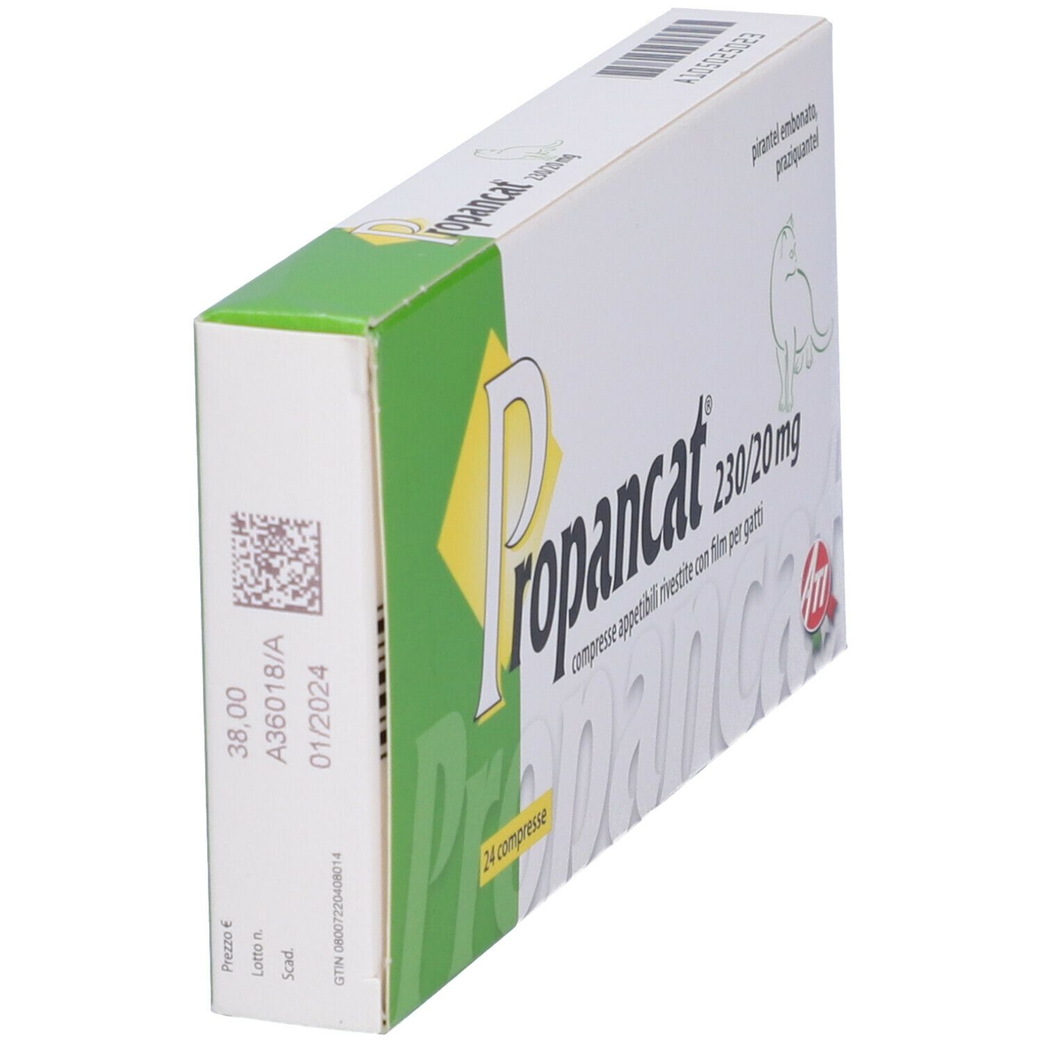 Scatola "Propancat 230/20 mg" per gatti. Vista laterale con numero di lotto e scadenza.