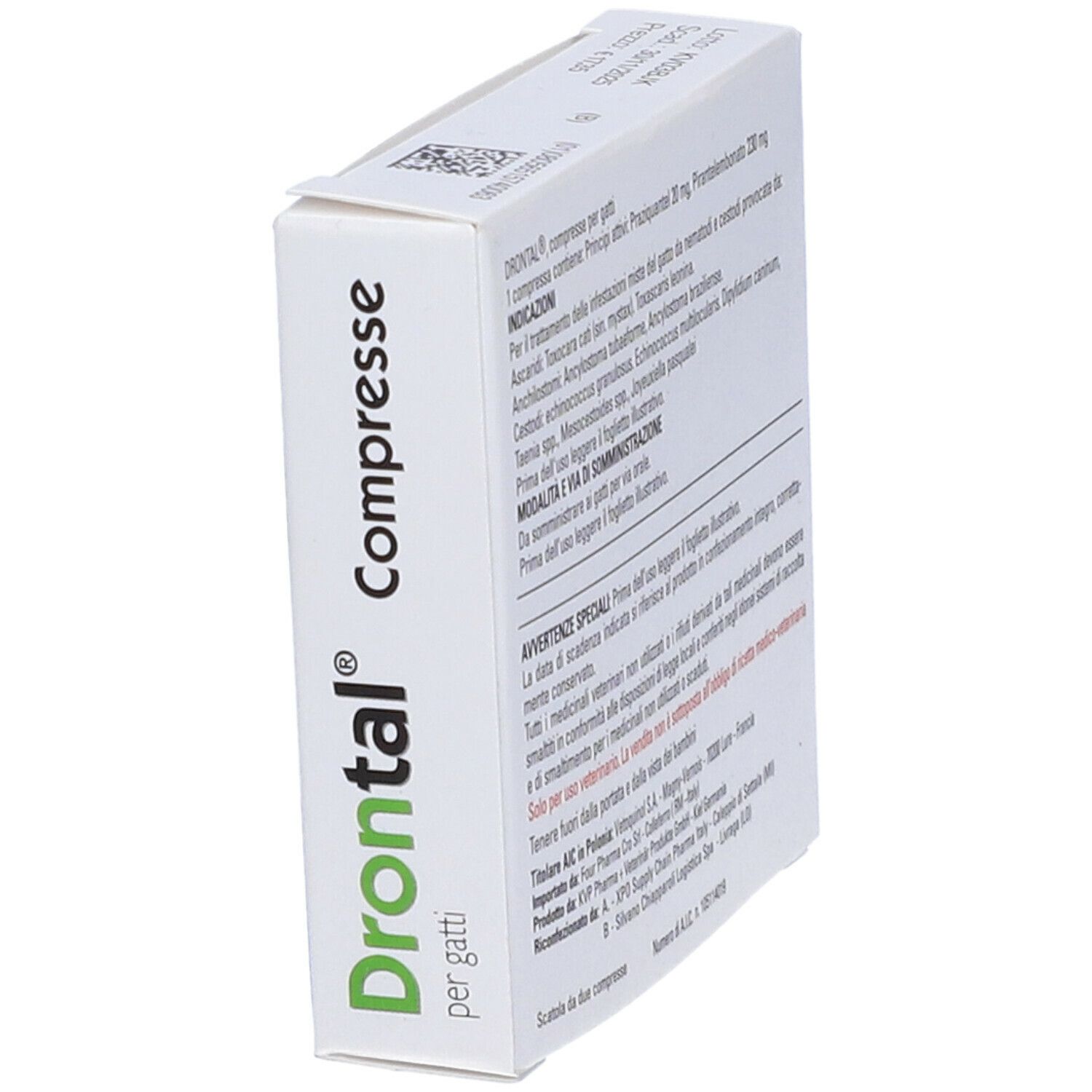 Scatola "Drontal Compresse per gatti". Vista laterale con testo. Informazioni produttore.