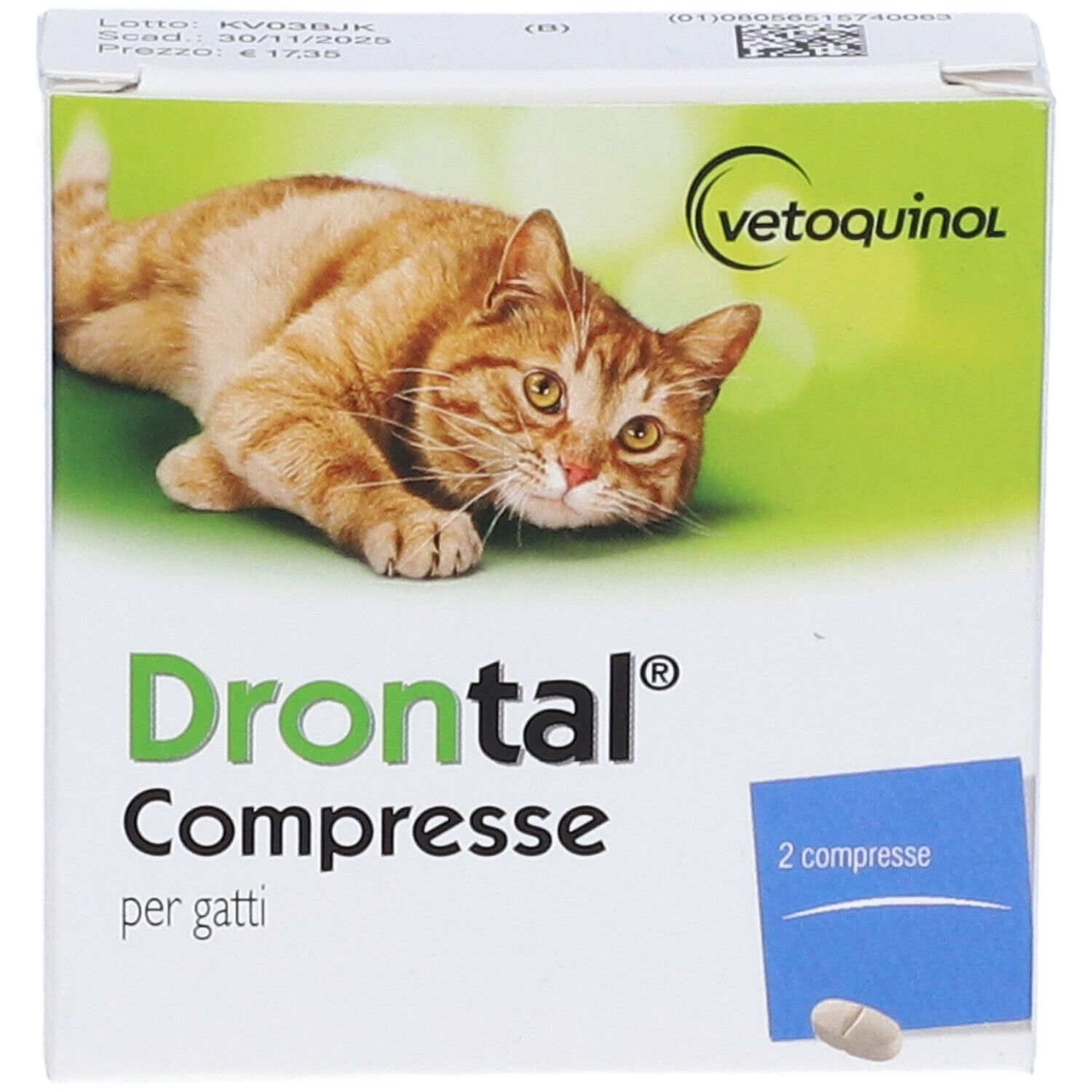 Scatola "Drontal Compresse per gatti". Gatto sull'imballaggio. 2 compresse visibili.