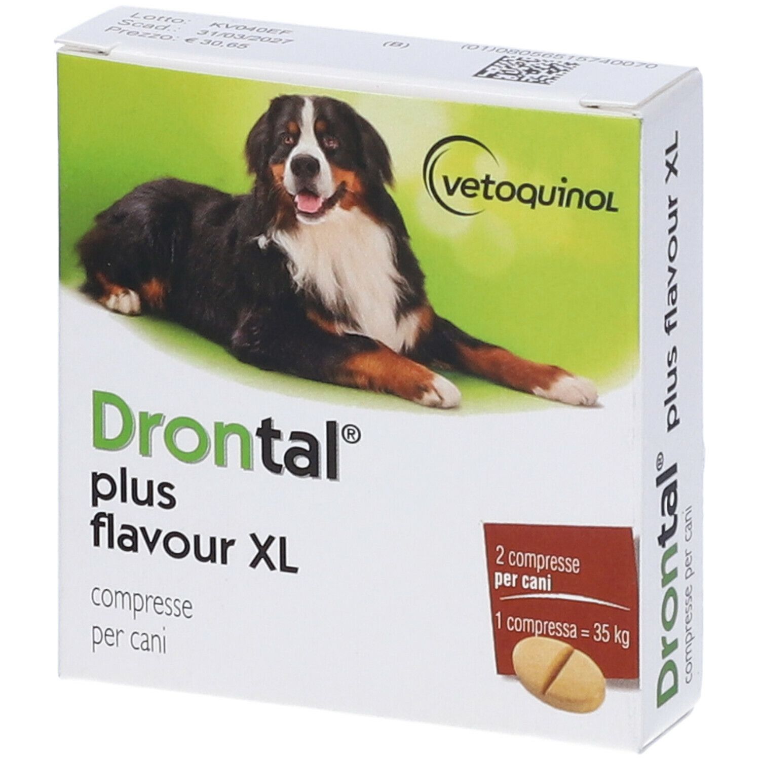 Confezione di Drontal Plus Flavour XL, compresse per cani. Immagine di un cane. Scritte: Vetquinol, 2 compresse, 1 compressa = 35 kg.
