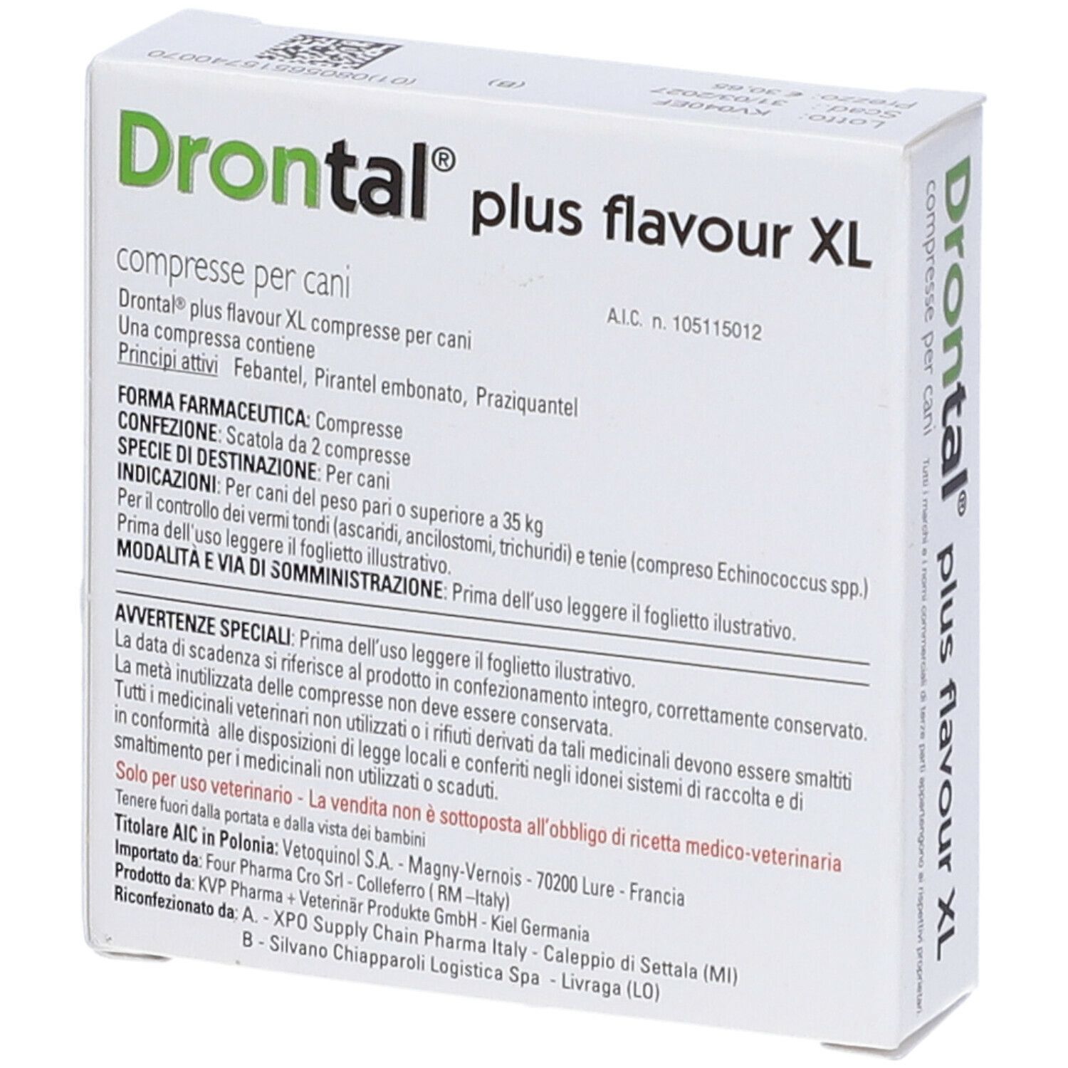 Confezione di Drontal Plus Flavour XL, compresse per cani. Informazioni testuali su sfondo bianco. Scritte: Drontal, plus flavour XL, compresse per cani.