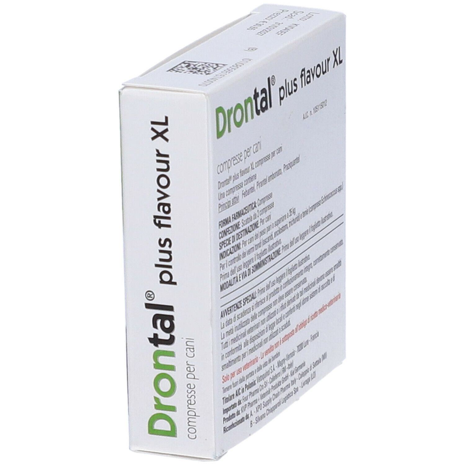Confezione di Drontal Plus Flavour XL, compresse per cani, in prospettiva. Scritte: Drontal, plus flavour XL, compresse per cani.