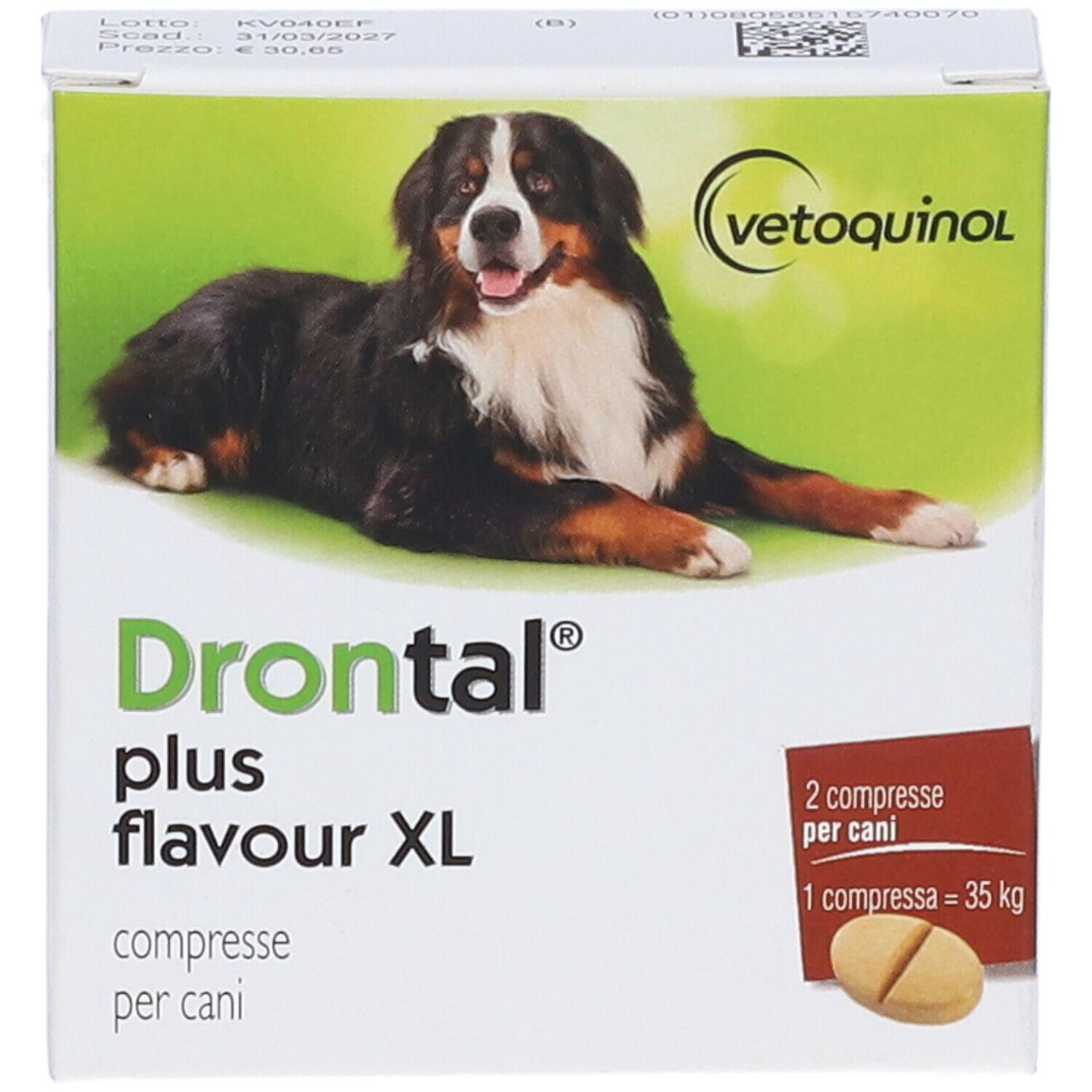 Confezione di Drontal Plus Flavour XL, compresse per cani. Immagine di un cane. Scritte: Vetquinol, 2 compresse, 1 compressa = 35 kg.