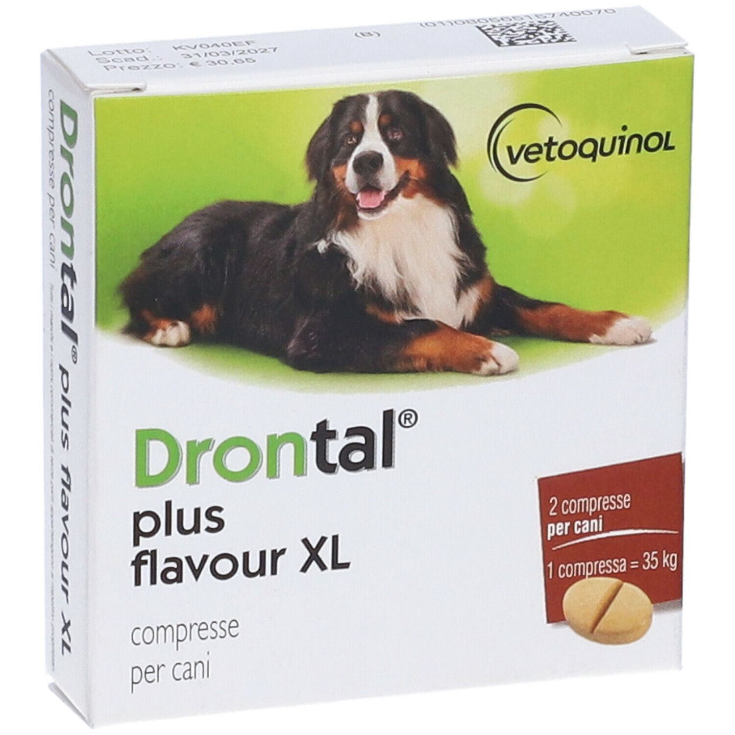 Confezione di Drontal Plus Flavour XL, compresse per cani. Immagine di un cane. Scritte: Vetquinol, 2 compresse, 1 compressa = 35 kg.