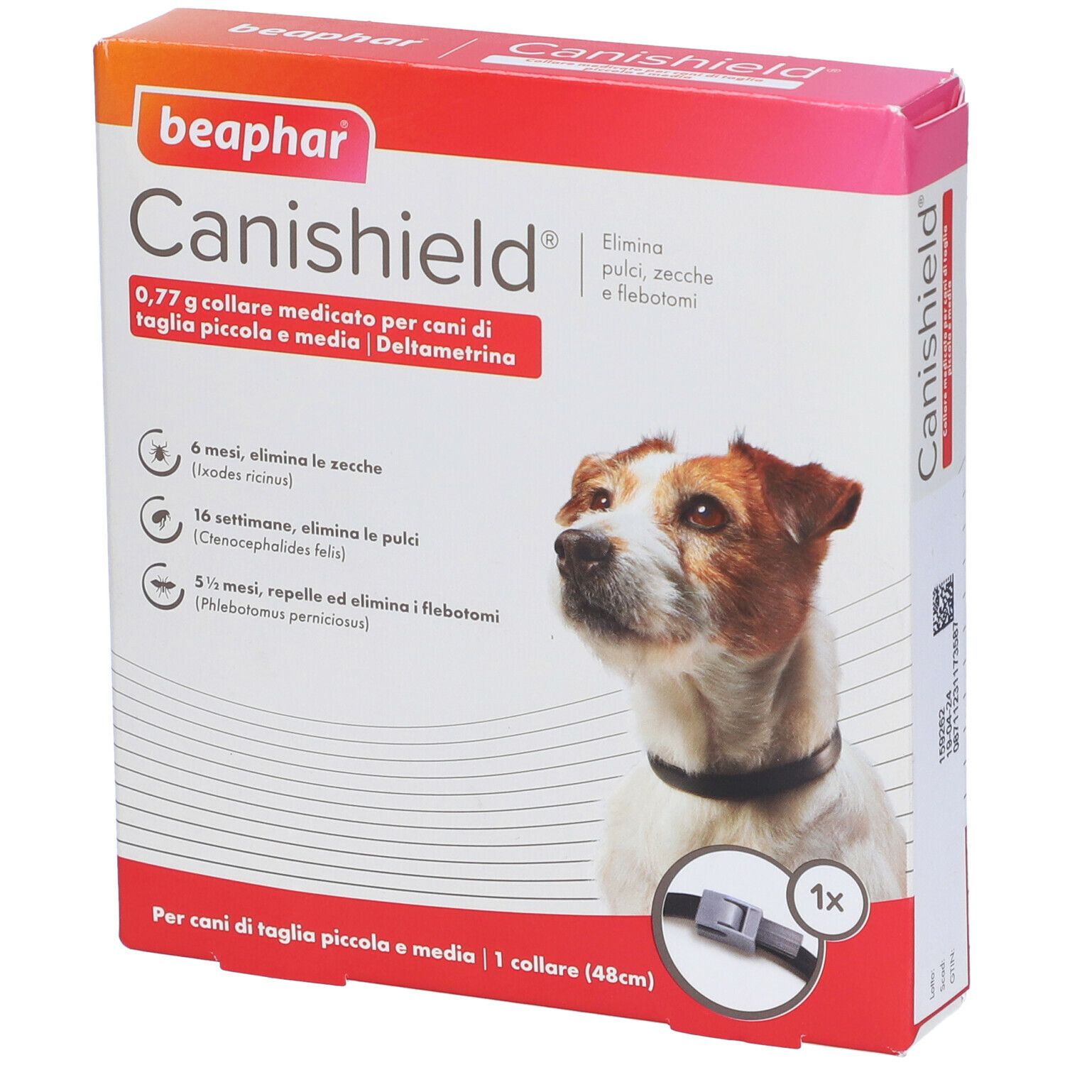 Confezione di Canishield. Contiene un collare per cani di taglia piccola e media. Un cane è raffigurato sulla confezione.