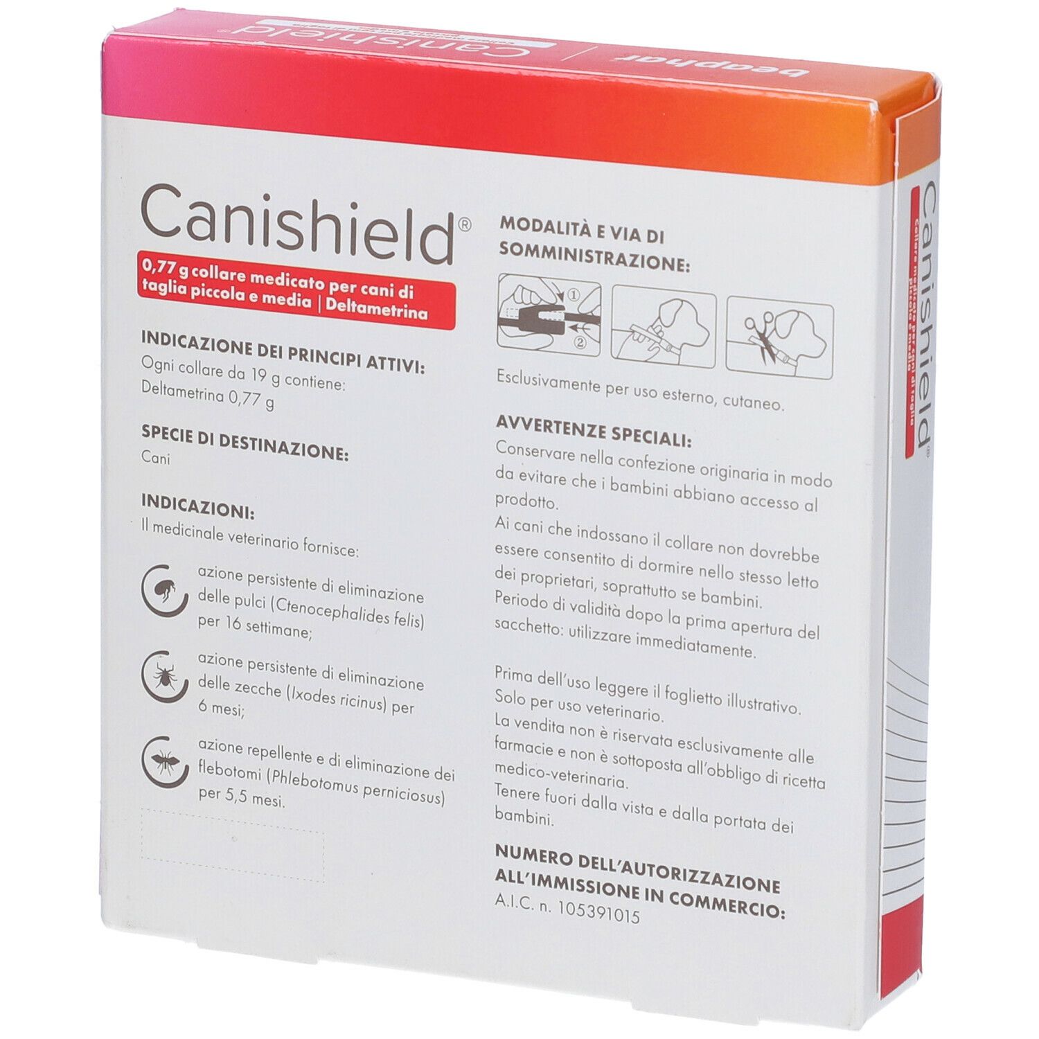Retro della confezione di Canishield. Contiene informazioni sul prodotto, istruzioni e avvertenze.