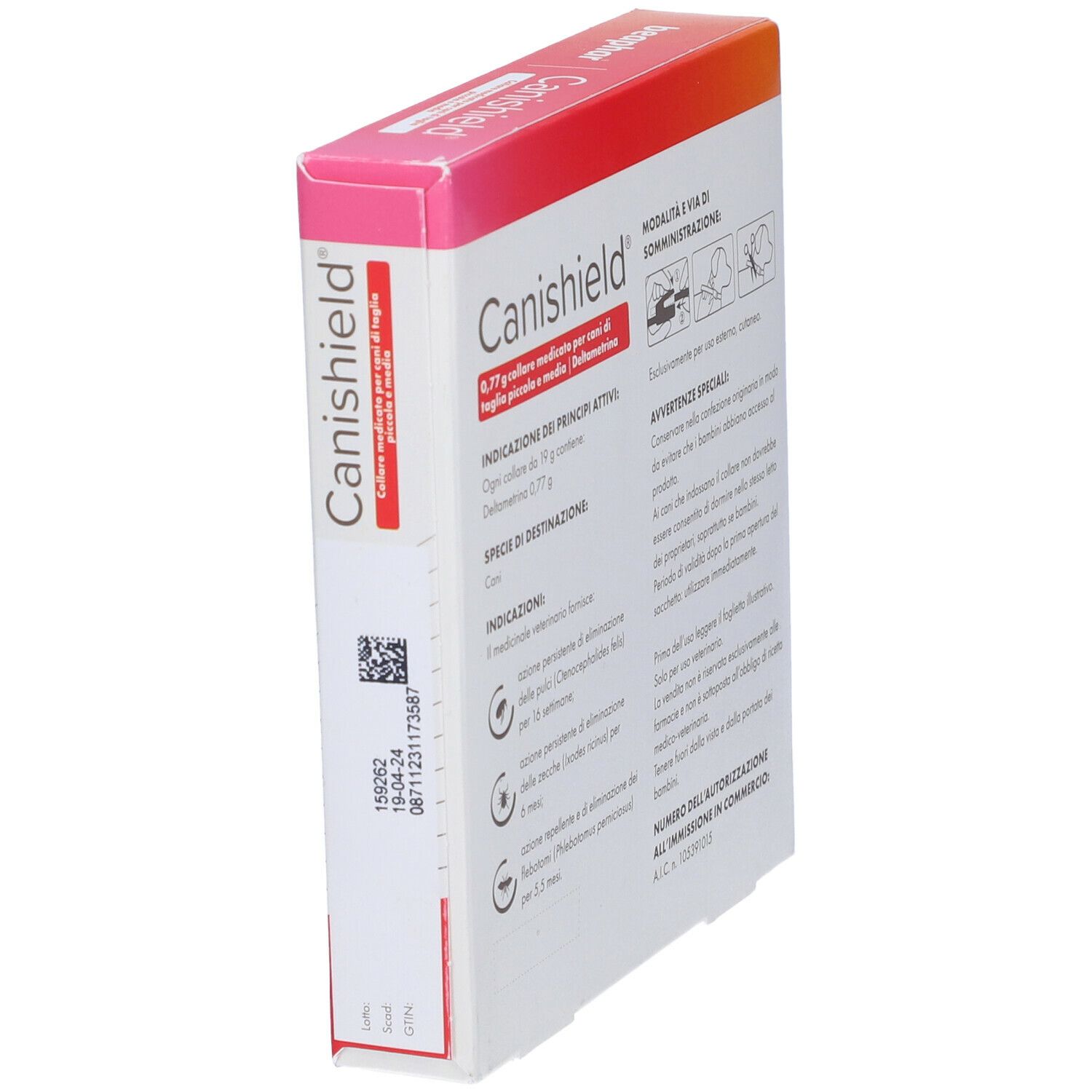 Vista obliqua della confezione di Canishield. Informazioni sul prodotto sono raffigurate sulla confezione.