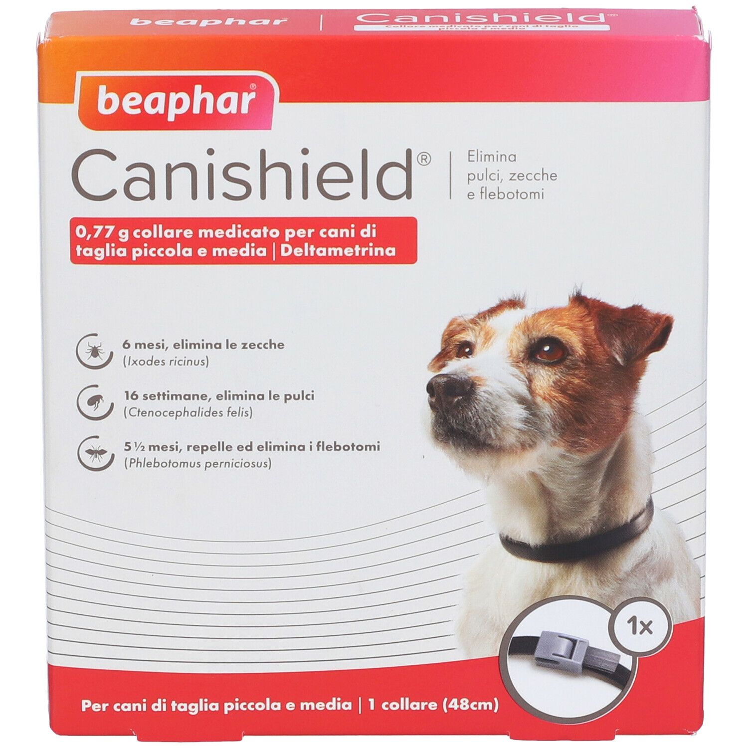 Confezione di Canishield. Contiene un collare per cani. Un cane è raffigurato sulla confezione.