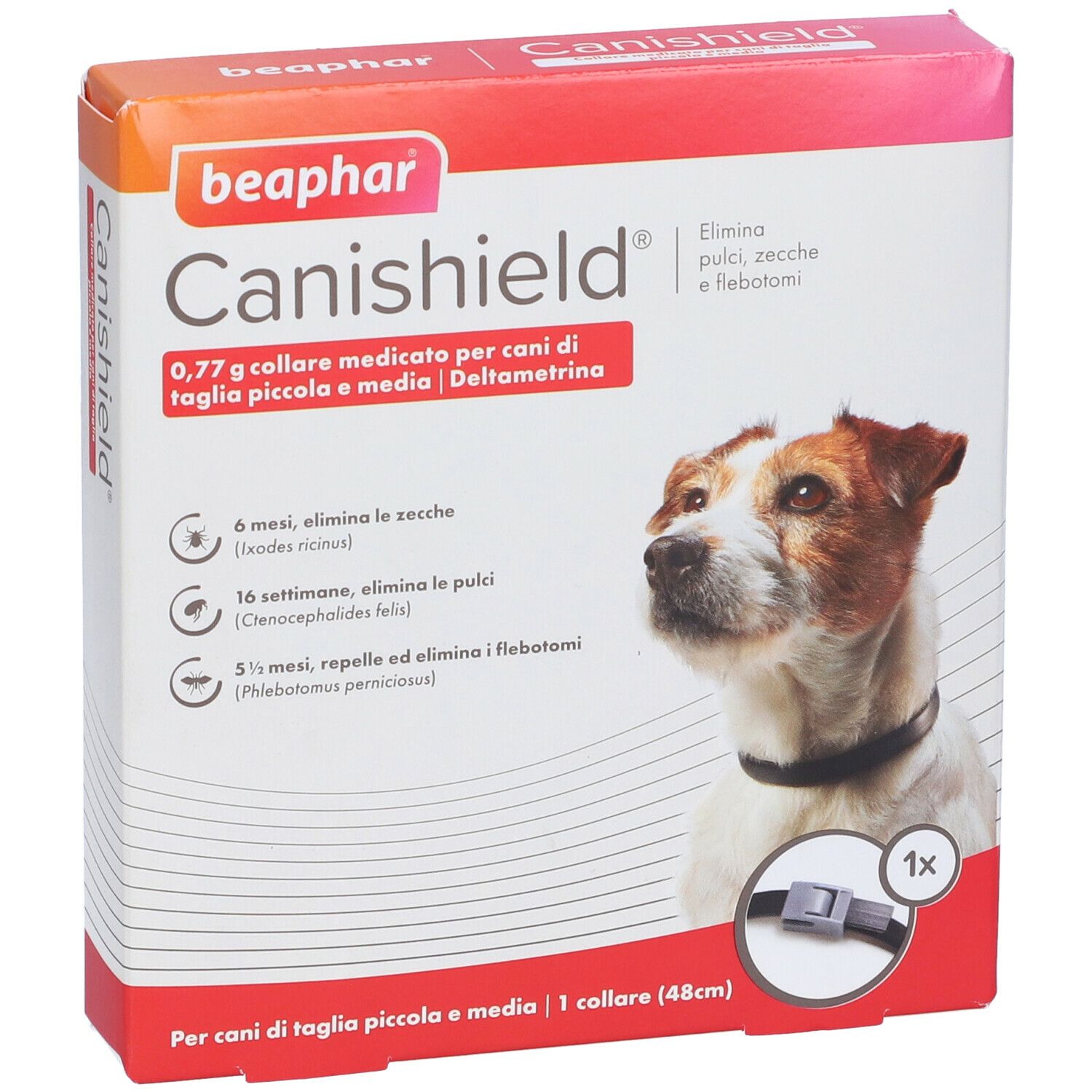 Confezione di Canishield. Contiene un collare per cani. Un cane è raffigurato sulla confezione.