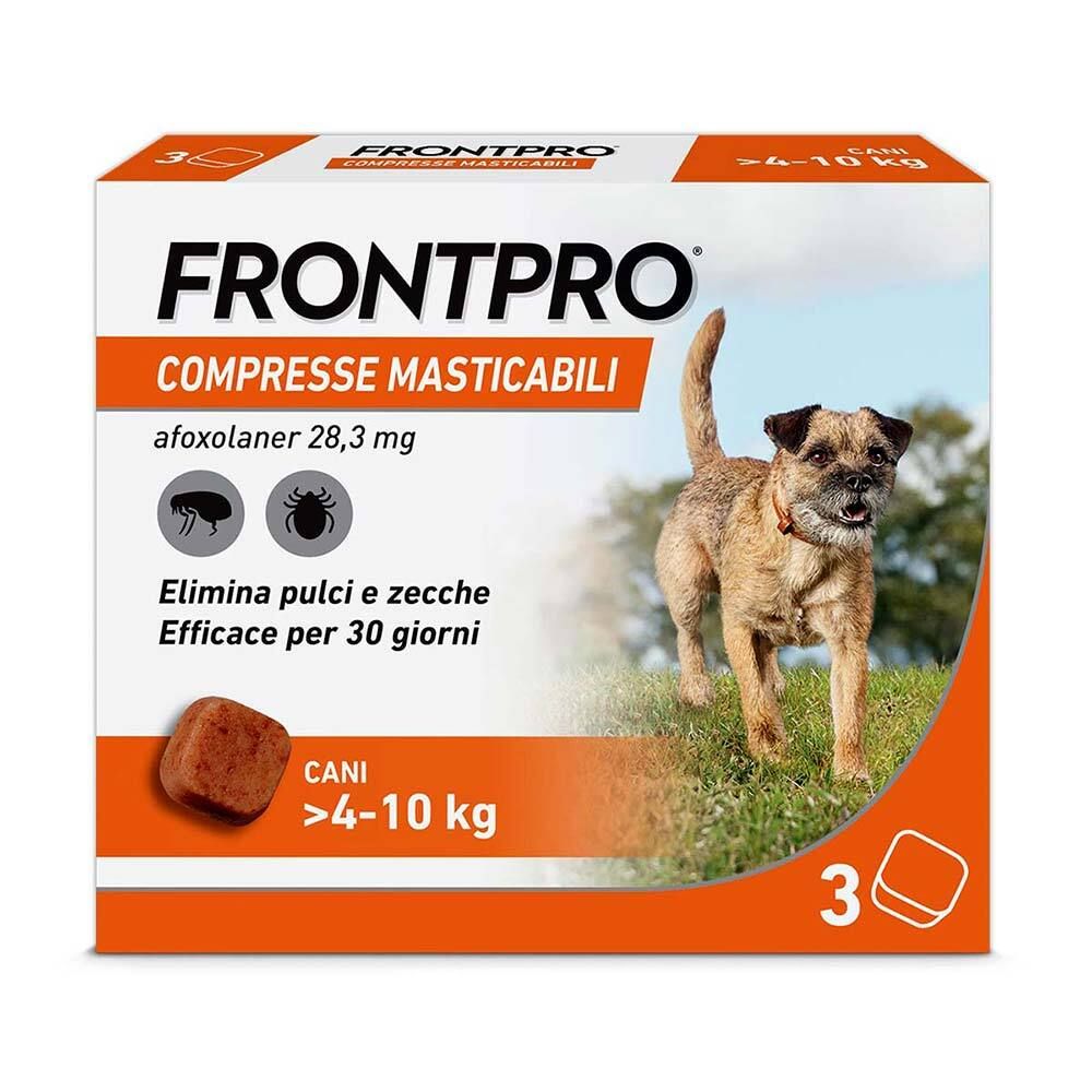Confezione di compresse masticabili FRONTPRO per cani. Contiene 3 compresse. Confezione arancione e bianca con informazioni e cane.