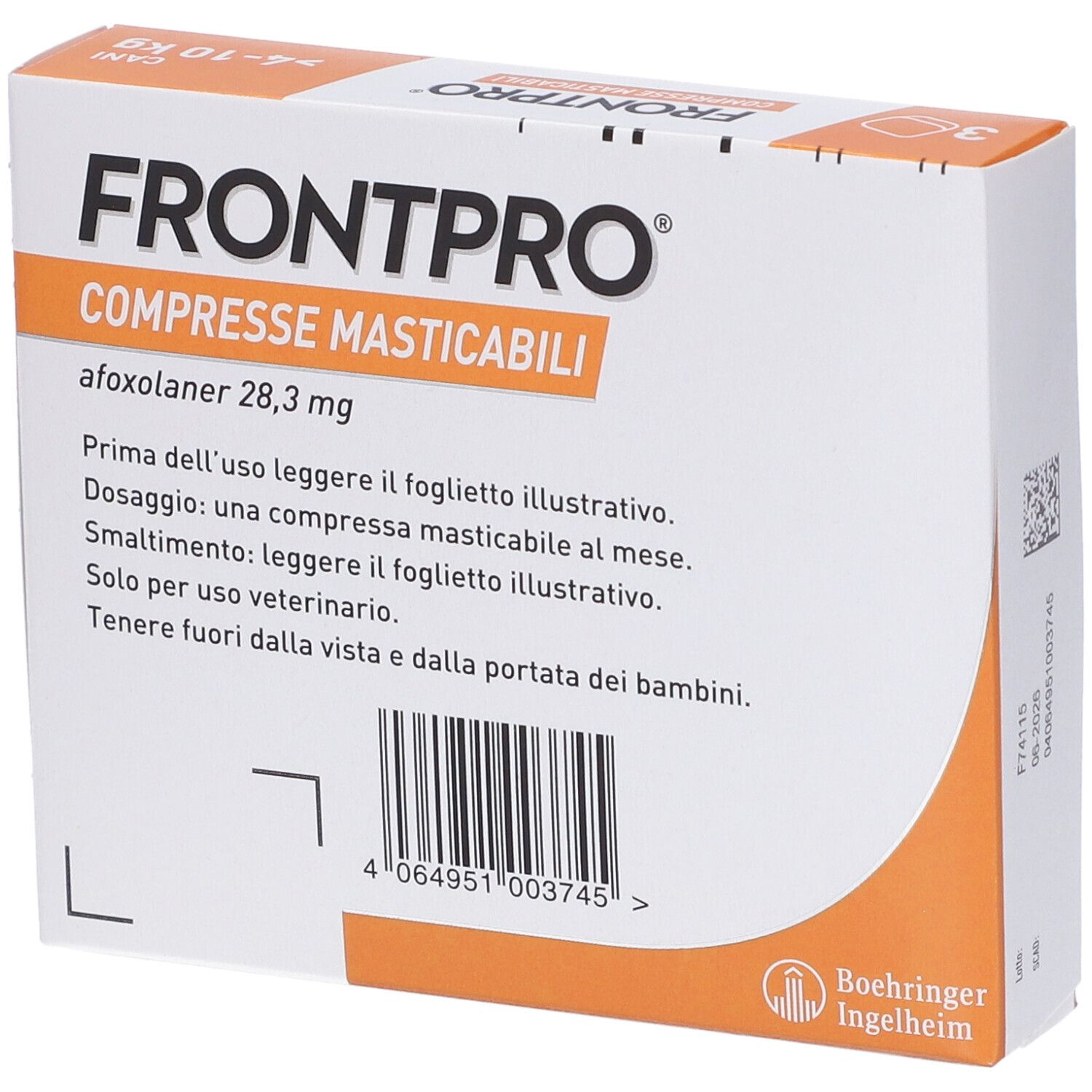 Vista obliqua della confezione FRONTPRO. Retro con informazioni, codice a barre e logo Boehringer Ingelheim.