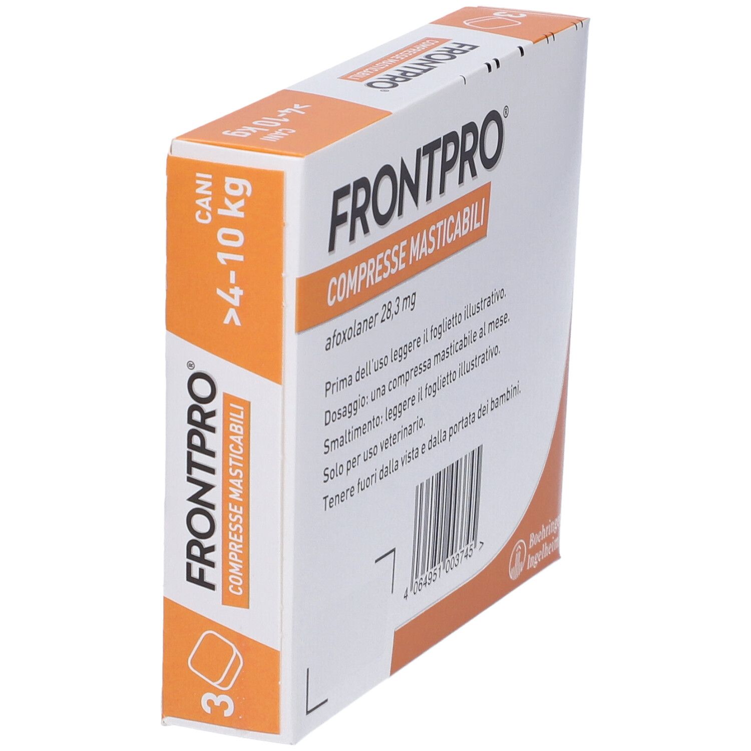 Vista obliqua della confezione FRONTPRO. Retro con informazioni, codice a barre e logo Boehringer Ingelheim.