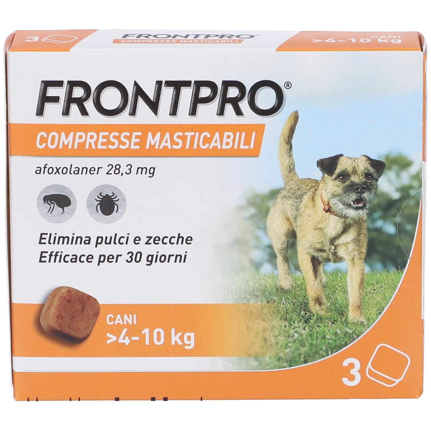 Confezione FRONTPRO con cane. Contiene 3 compresse. Confezione arancione e bianca con informazioni e cane.