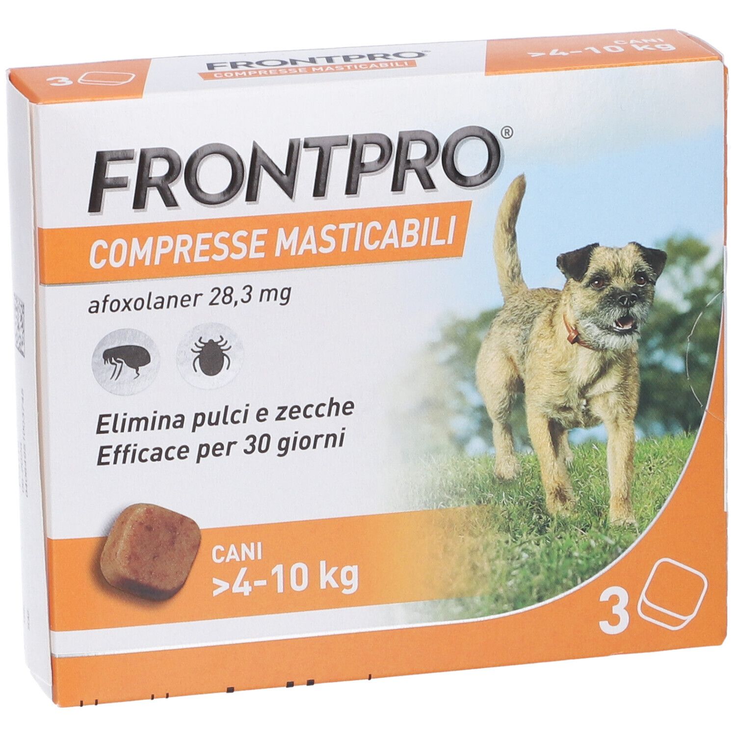 Confezione FRONTPRO con cane. Contiene 3 compresse. Confezione arancione e bianca con informazioni e cane.