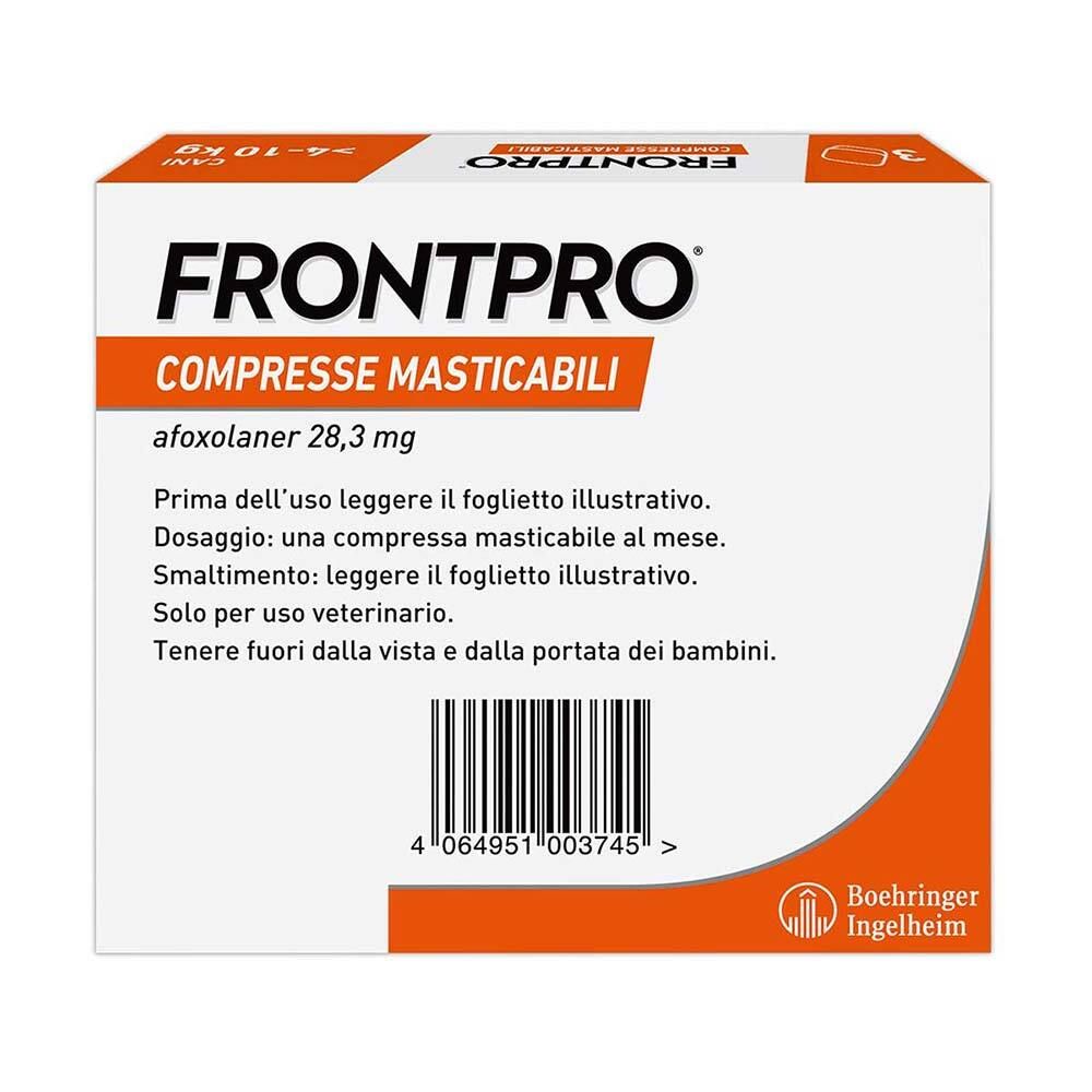 Retro della confezione FRONTPRO. Contiene informazioni sul prodotto, codice a barre e logo Boehringer Ingelheim.