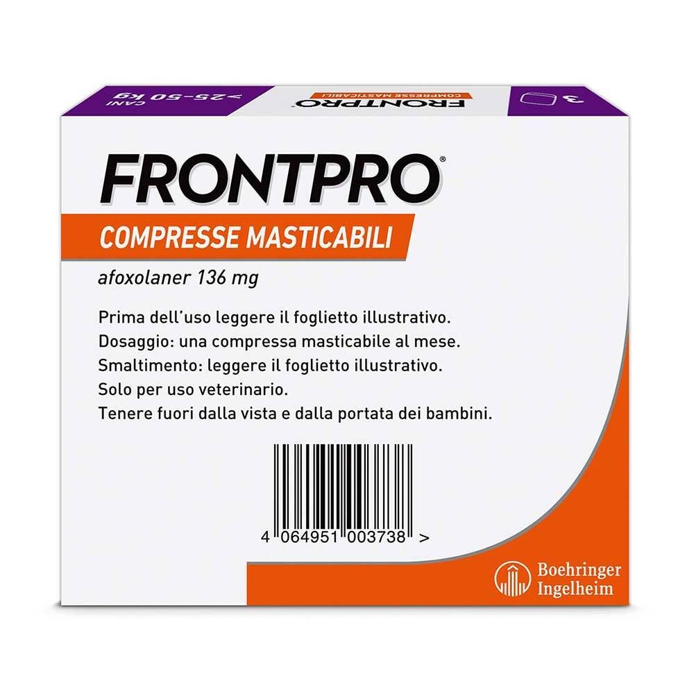 Retro della confezione FRONTPRO. Informazioni sull'uso e sugli ingredienti. Codice a barre visibile.