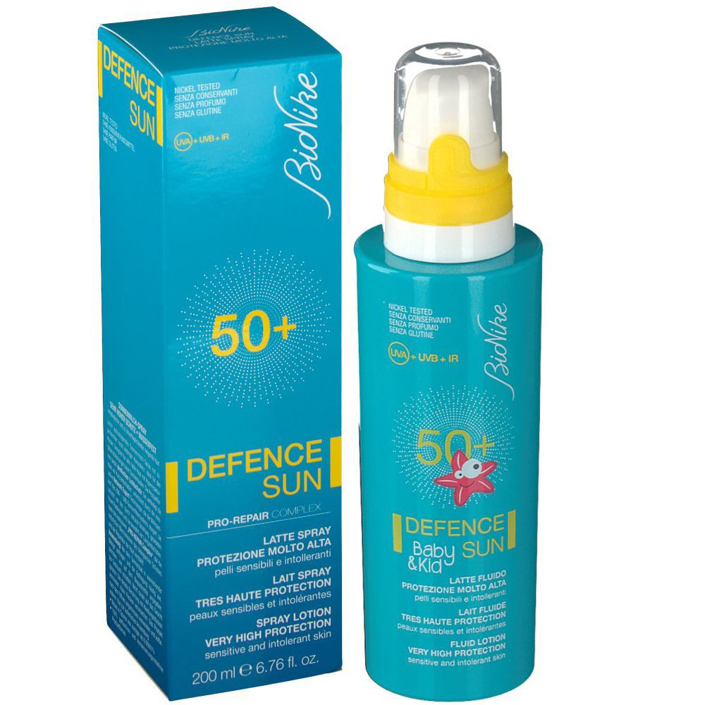 Blau-türkisfarbene Flasche und Schachtel mit der Aufschrift "BioNike Defence Sun 50+". Enthält Sonnenschutzmittel.