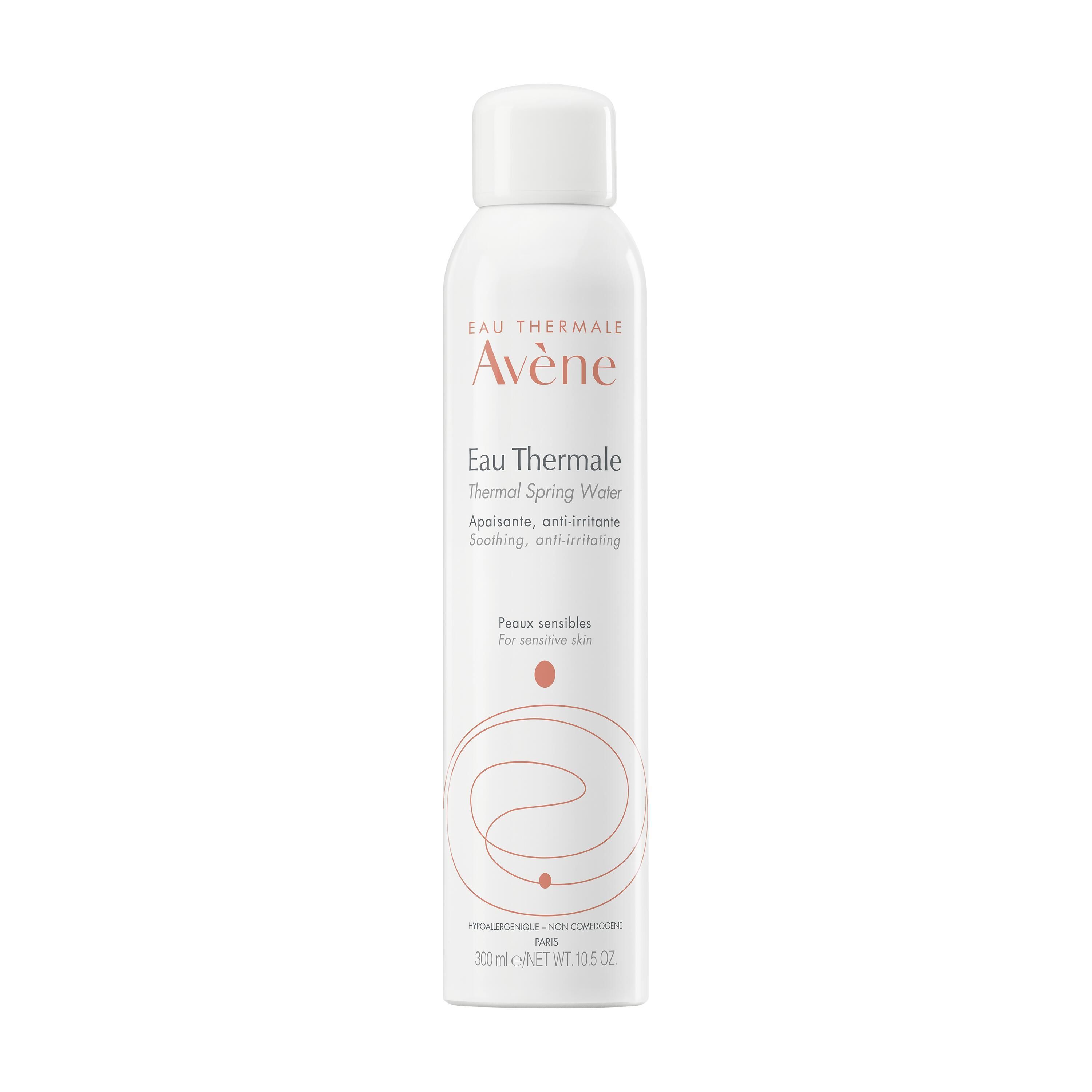 Avene Thermalwasser-Spray. Weiße Sprühflasche mit weißem Deckel. Text und Logo auf der Vorderseite.