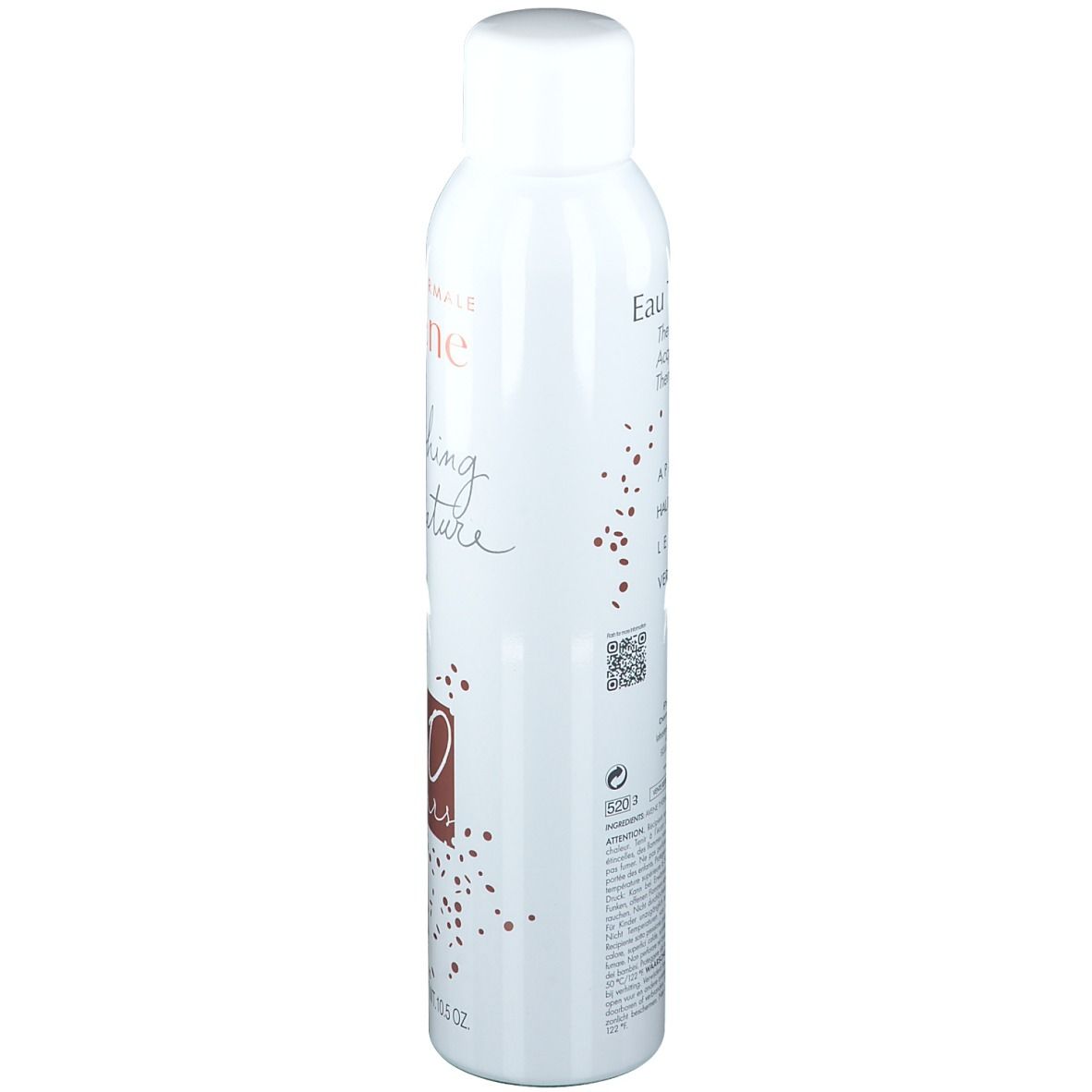 Avene Thermalwasser-Spray. Weiße Flasche mit braunen Punkten und Text: 30 Jahre.