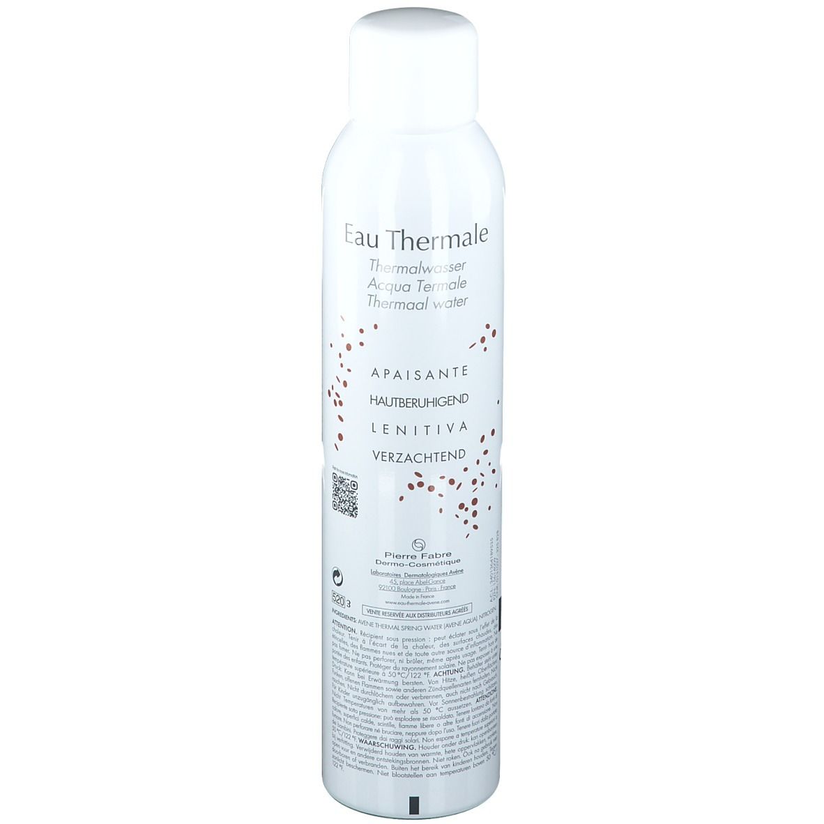Rückseite der Avene Thermalwasser-Spray-Flasche. Text in mehreren Sprachen. Informationen und QR-Code.