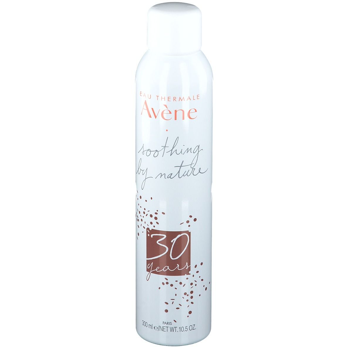 Avene Thermalwasser-Spray. Weiße Flasche mit braunen Punkten und Text: 30 Jahre.