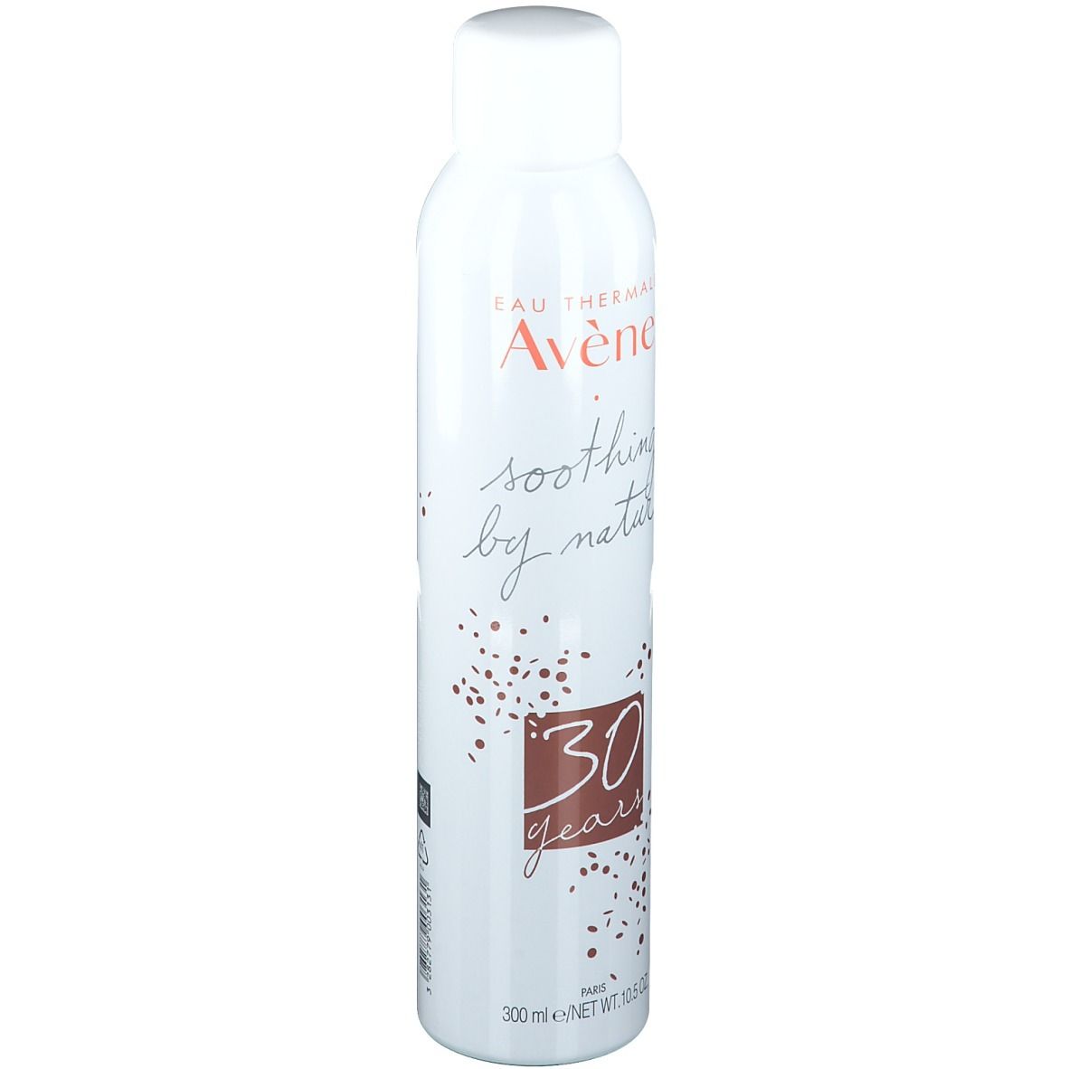 Avene Thermalwasser-Spray. Weiße Flasche mit braunen Punkten und Text: 30 Jahre.