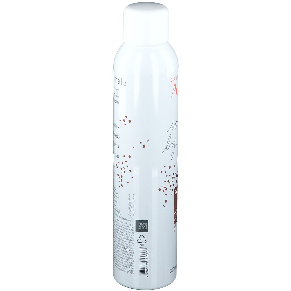 Rückseite der Avene Thermalwasser-Spray-Flasche. Text in mehreren Sprachen. Informationen und QR-Code.