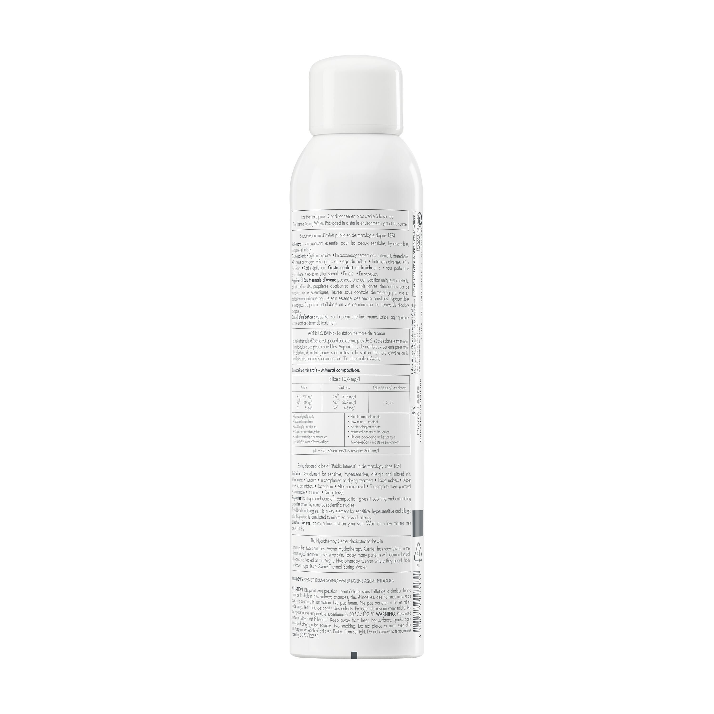 Rückseite der Avene Thermalwasser-Spray-Flasche. Text in mehreren Sprachen. Inhaltsstoffe und Informationen.