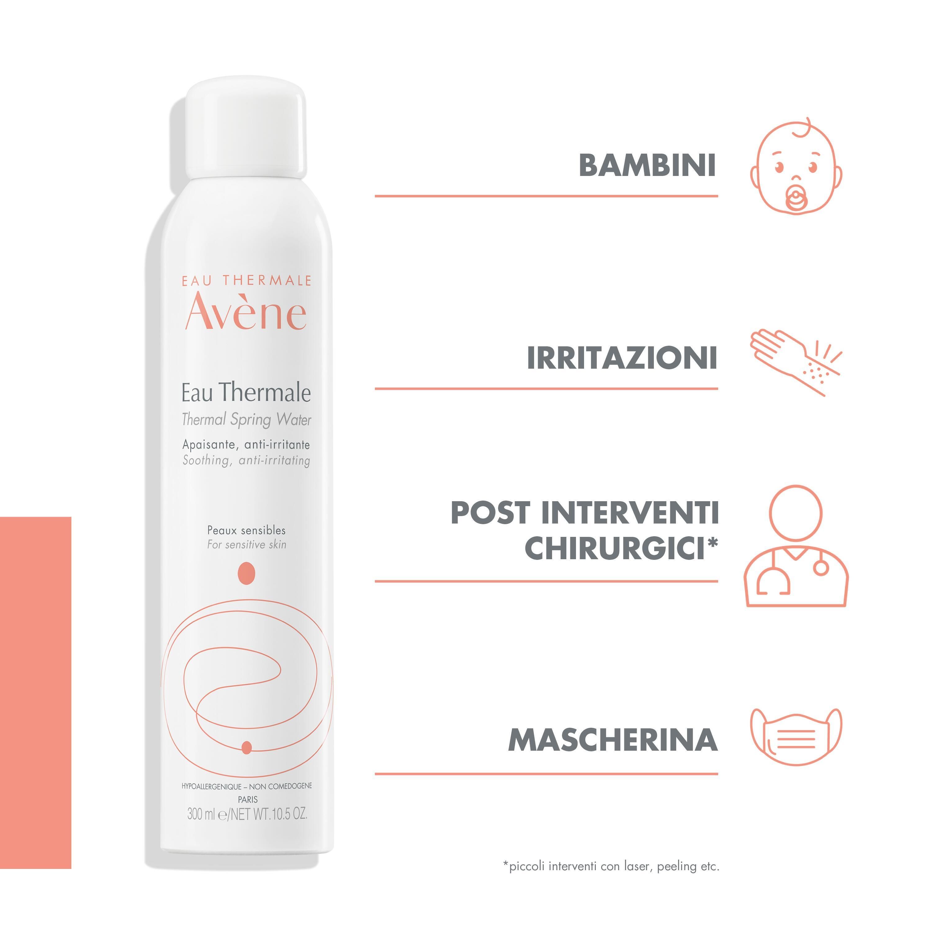Avene Thermalwasser-Spray. Flasche mit Text und Icons. Für Babys, Irritationen, nach Operationen, Maske.