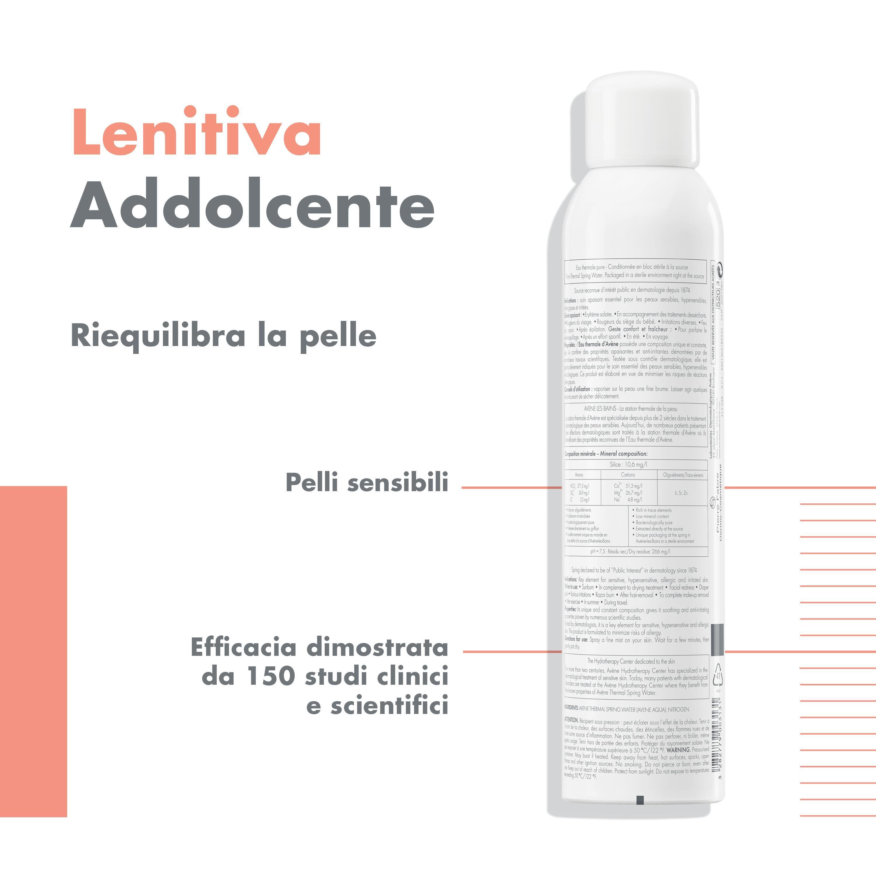 Rückseite der Avene Thermalwasser-Spray-Flasche. Text: Lindernd, beruhigend. Für empfindliche Haut. 150 Studien.