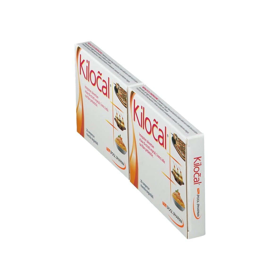 Due scatole Kilocal, bianco con testo rosso. POOL PHARMA. Vista obliqua.