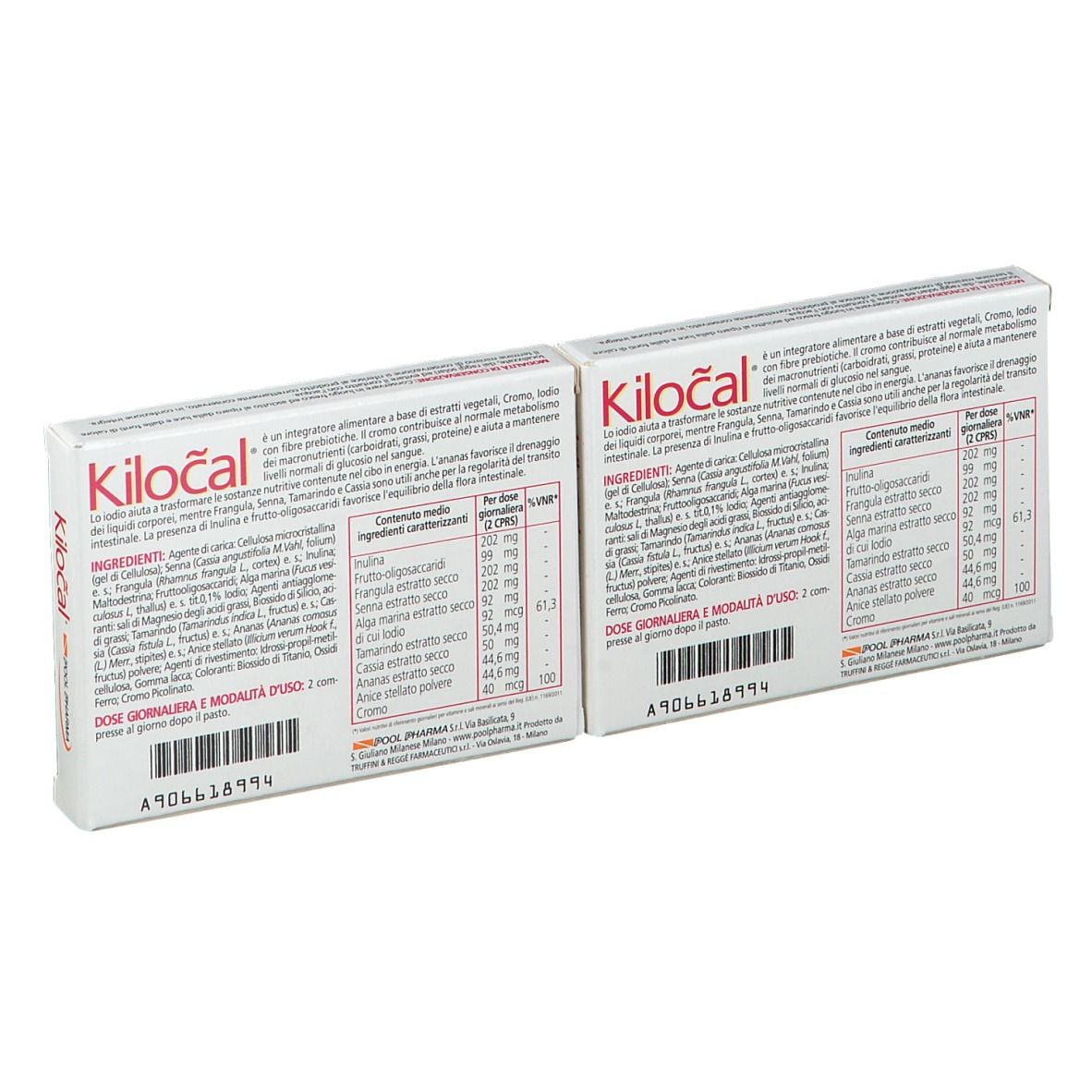 Due scatole Kilocal, retro. Testo in italiano. POOL PHARMA.