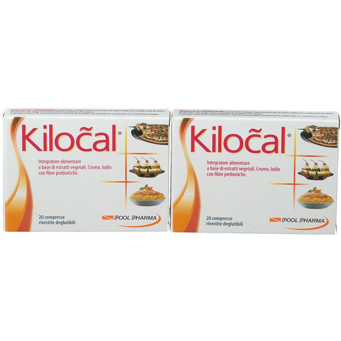 Due scatole Kilocal, bianco con testo rosso. POOL PHARMA. 20 compresse.
