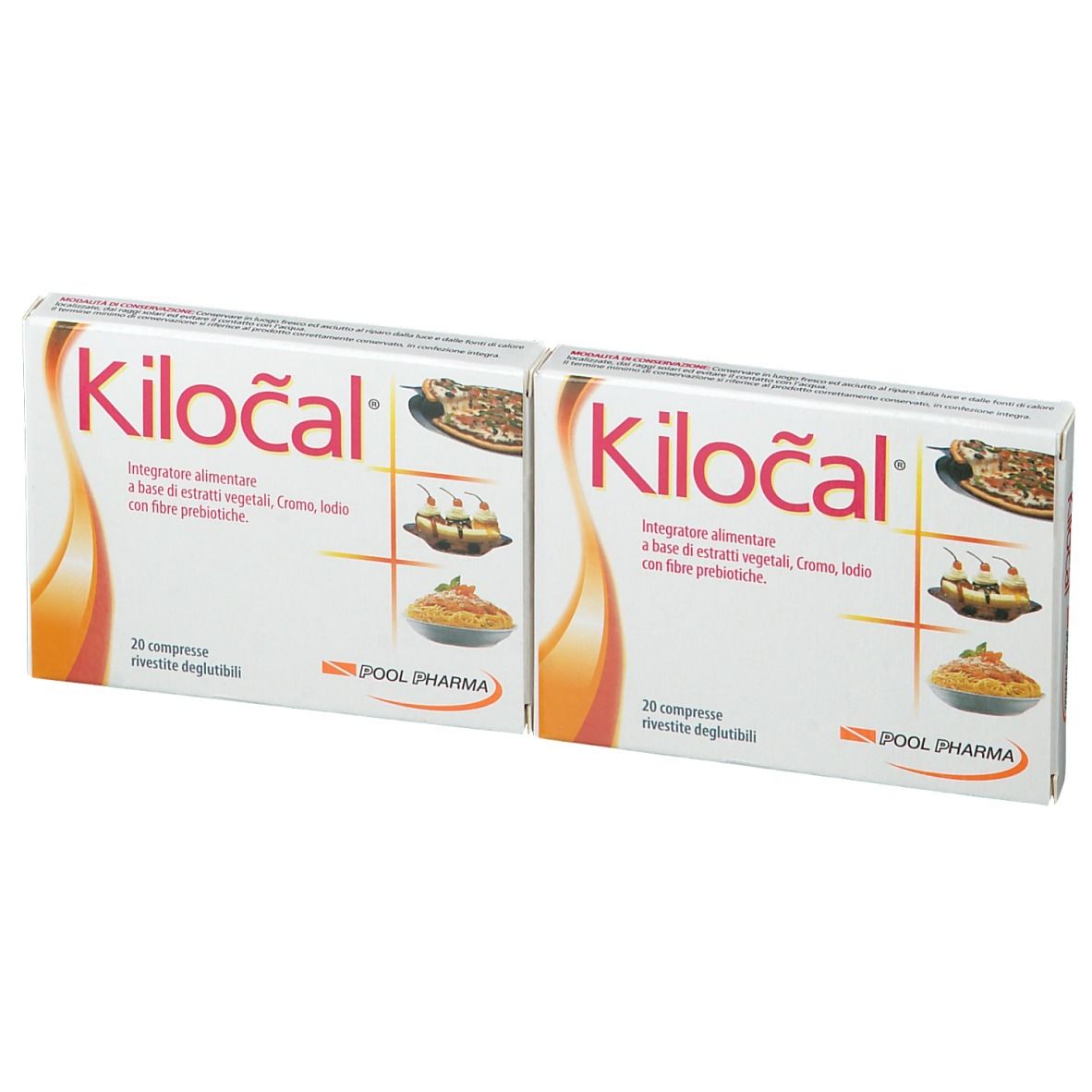 Due scatole Kilocal, bianco con testo rosso. POOL PHARMA. 20 compresse.