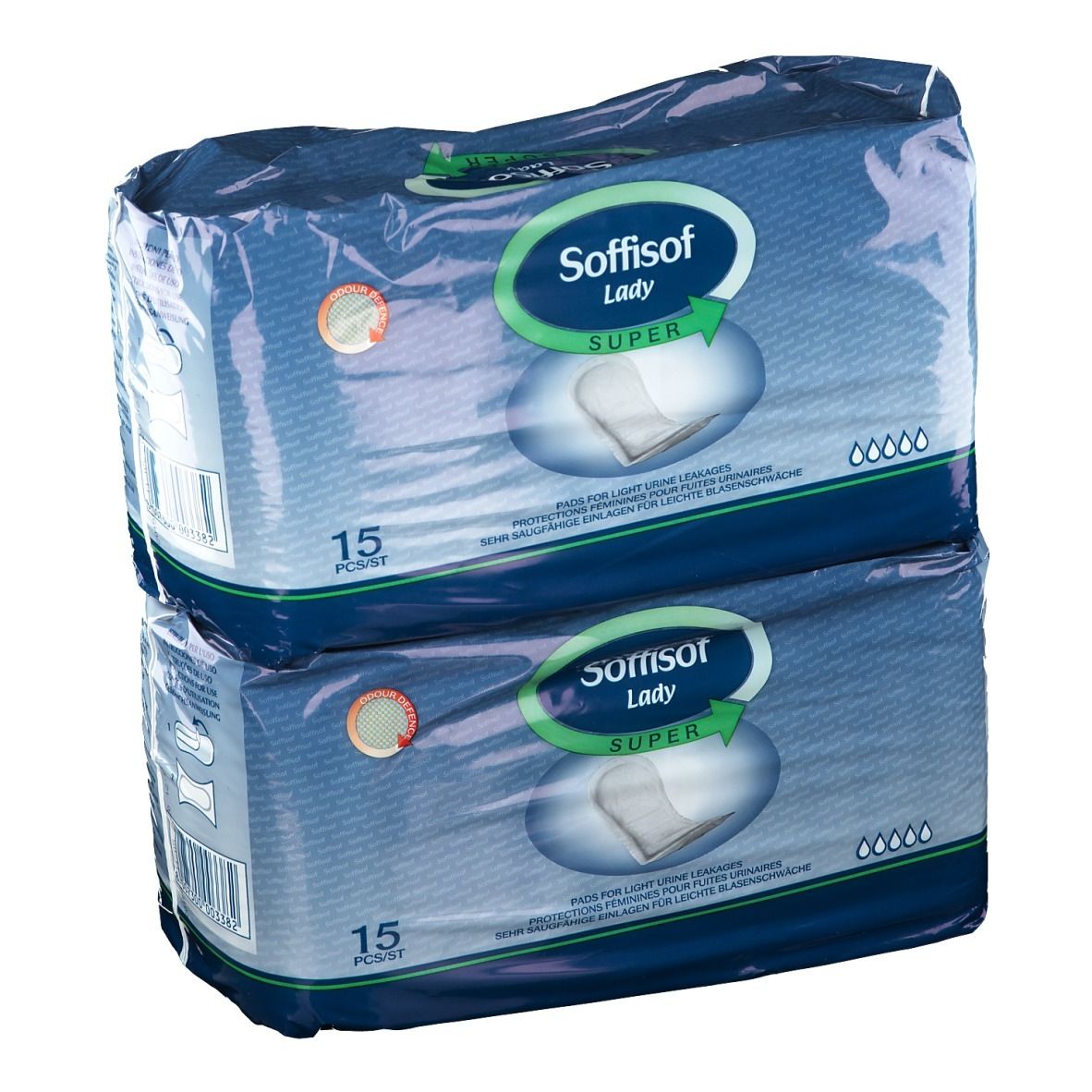 Due confezioni di Soffisof Lady Super. Ogni confezione contiene 15 pezzi. Confezione blu con logo e immagine del prodotto.