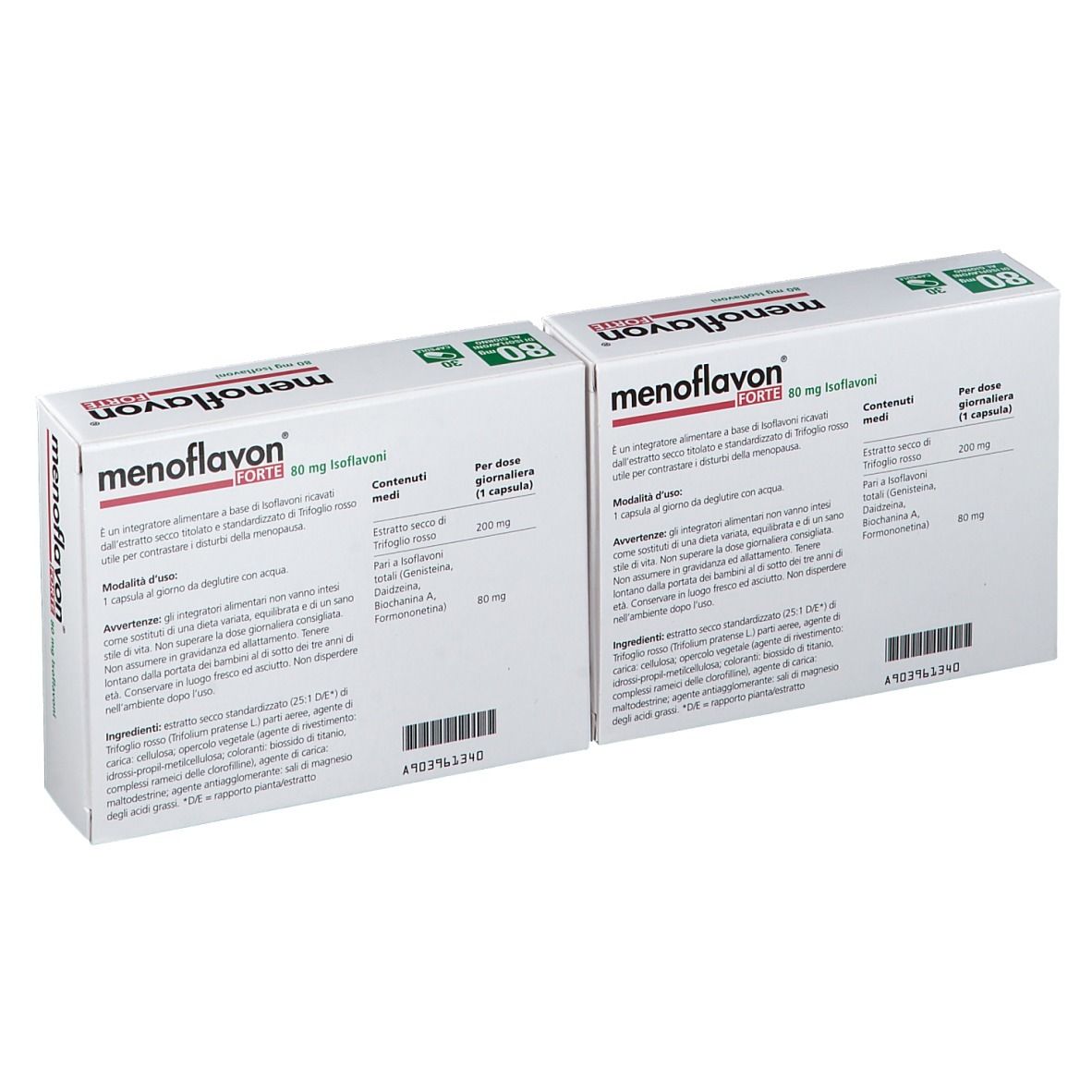 Due scatole bianche con testo. Nome prodotto Menoflavon Forte, ingredienti, dosaggio, logo NAMED, 30 capsule, 80 mg isoflavoni.