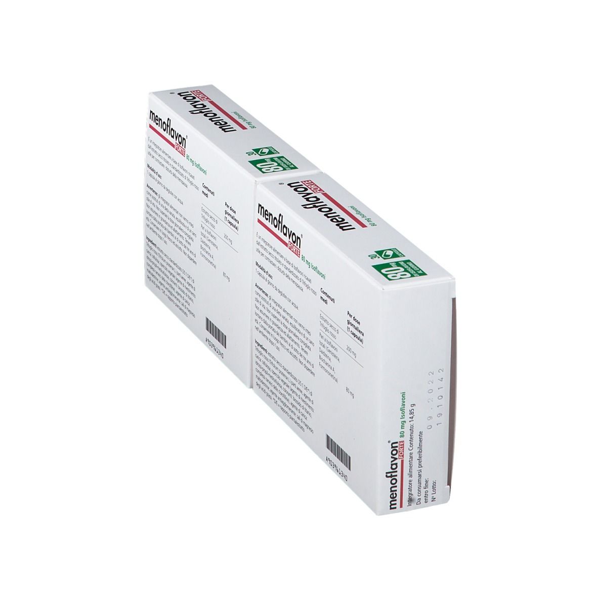 Due scatole bianche, oblique. Nome prodotto Menoflavon Forte, testo, logo NAMED, 30 capsule, 80 mg isoflavoni.