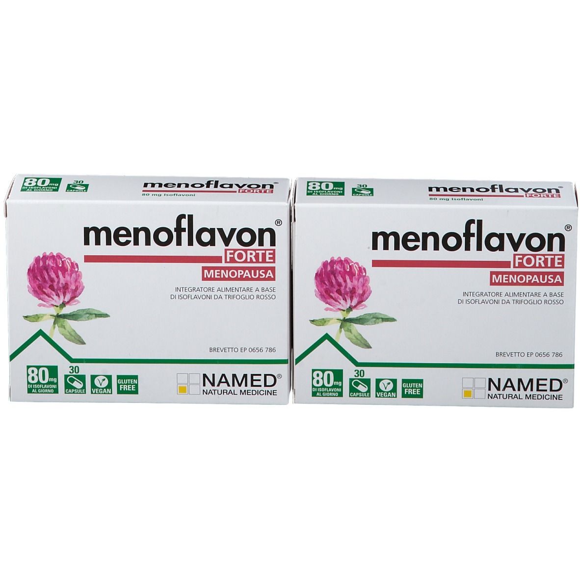 Due scatole bianche con nome prodotto e trifoglio. Testo: Menoflavon Forte, 80 mg isoflavoni, 30 capsule, NAMED.