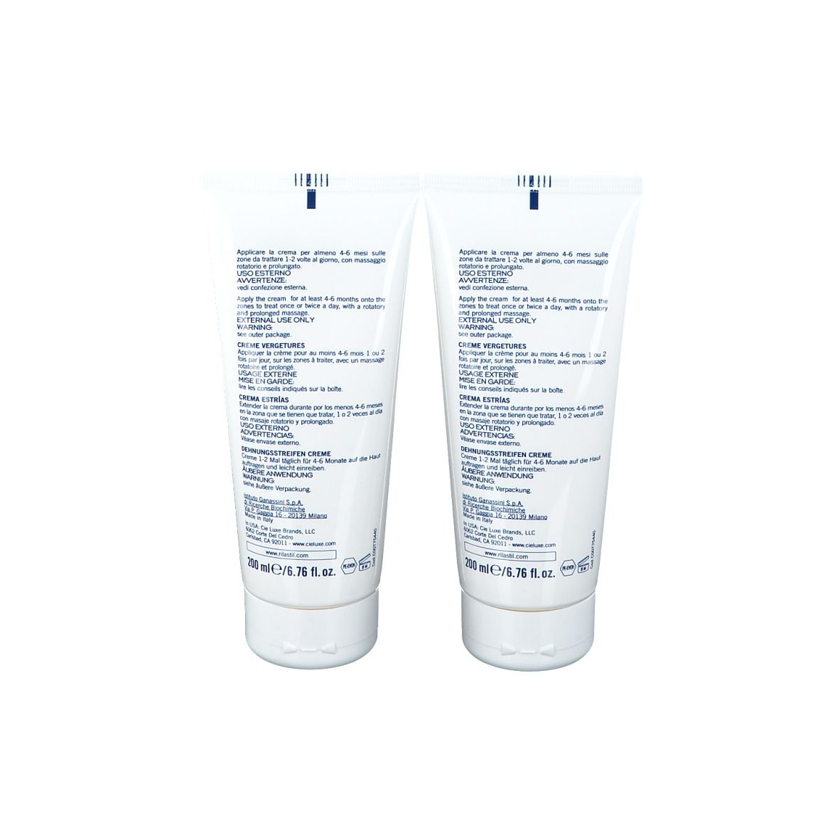 Retro di due tubi di crema RILASTIL® smagliature. Testo multilingue.