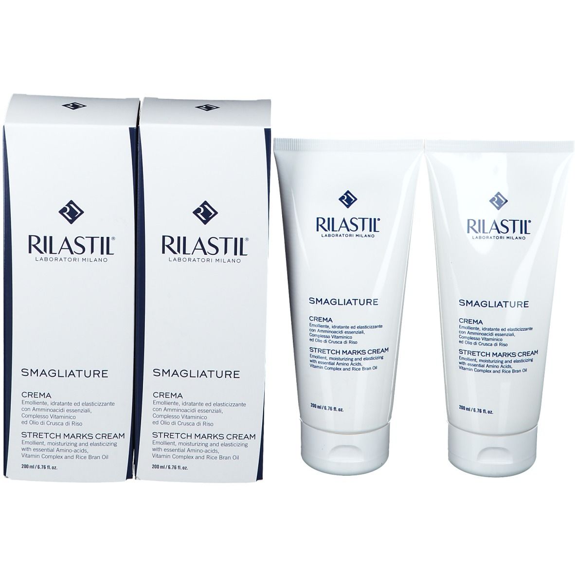 Due tubi e due scatole di crema RILASTIL® smagliature. Scritta: SMAGLIATURE CREMA, STRETCH MARKS CREAM.