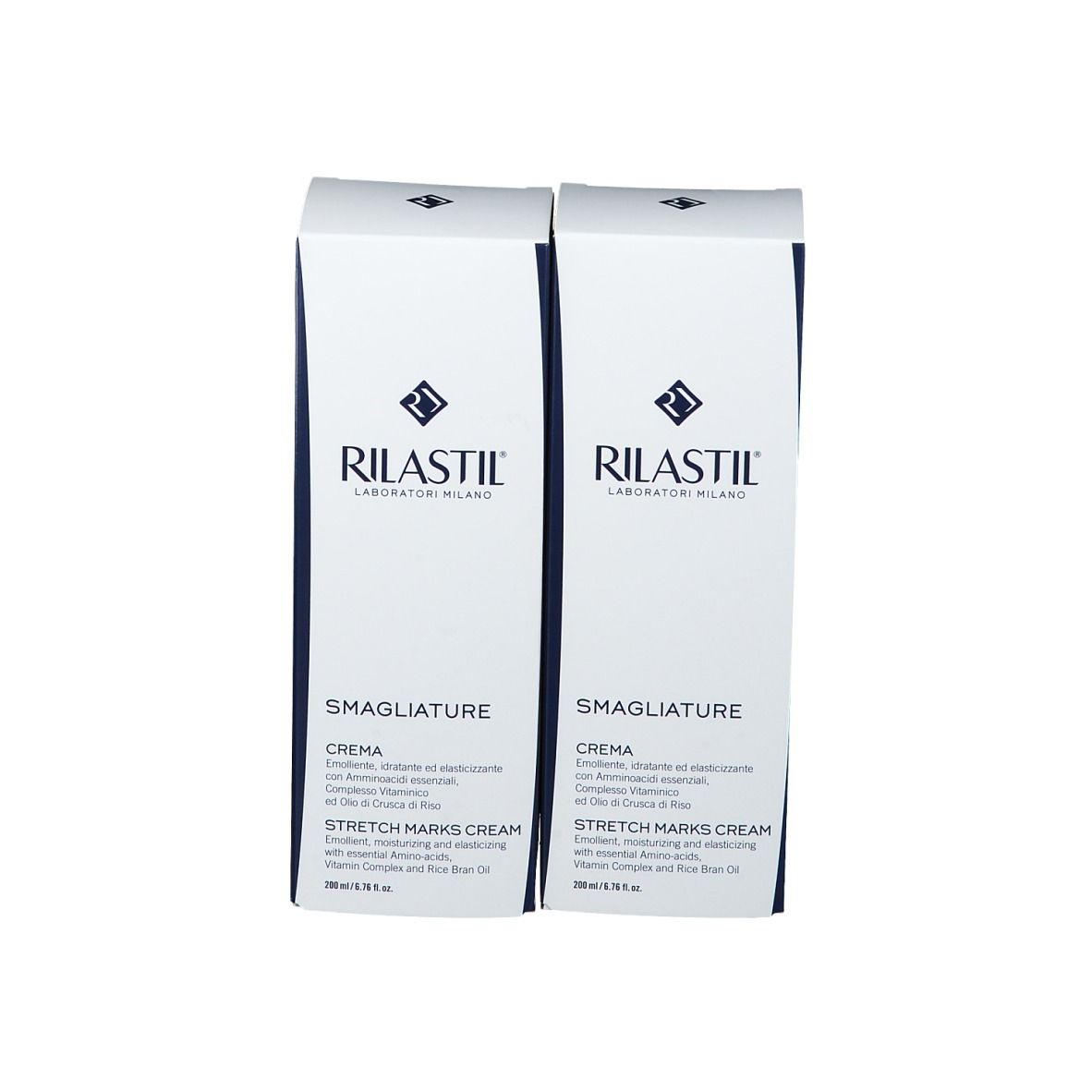 Due scatole di crema RILASTIL® smagliature. Scritta: SMAGLIATURE CREMA, STRETCH MARKS CREAM.