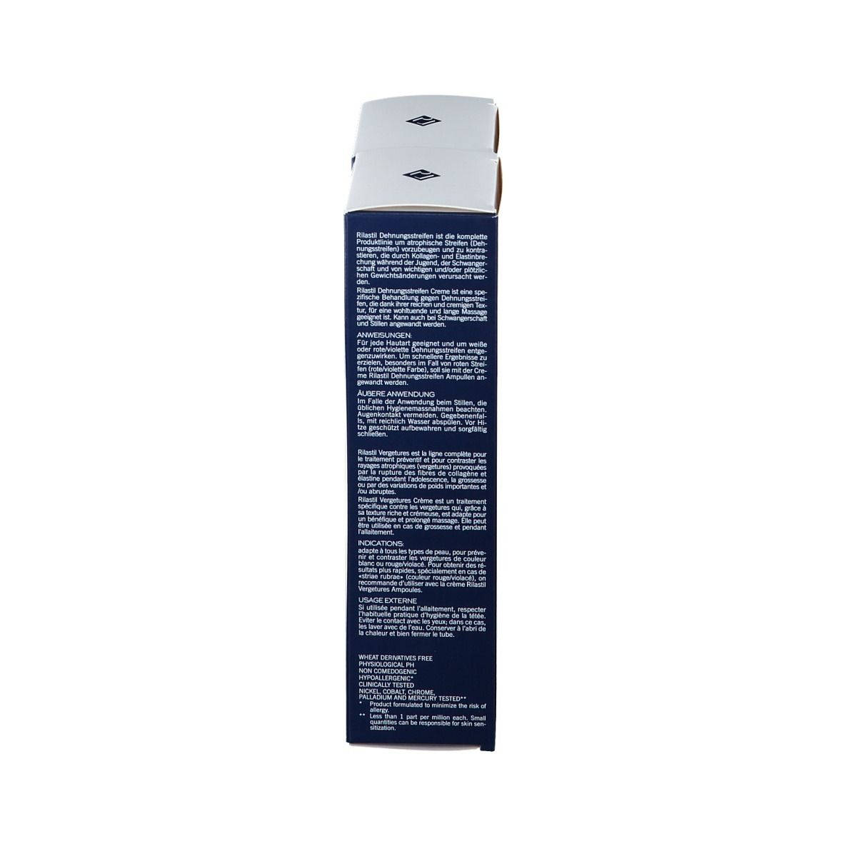 Vista laterale di una scatola di crema RILASTIL® smagliature. Testo multilingue.