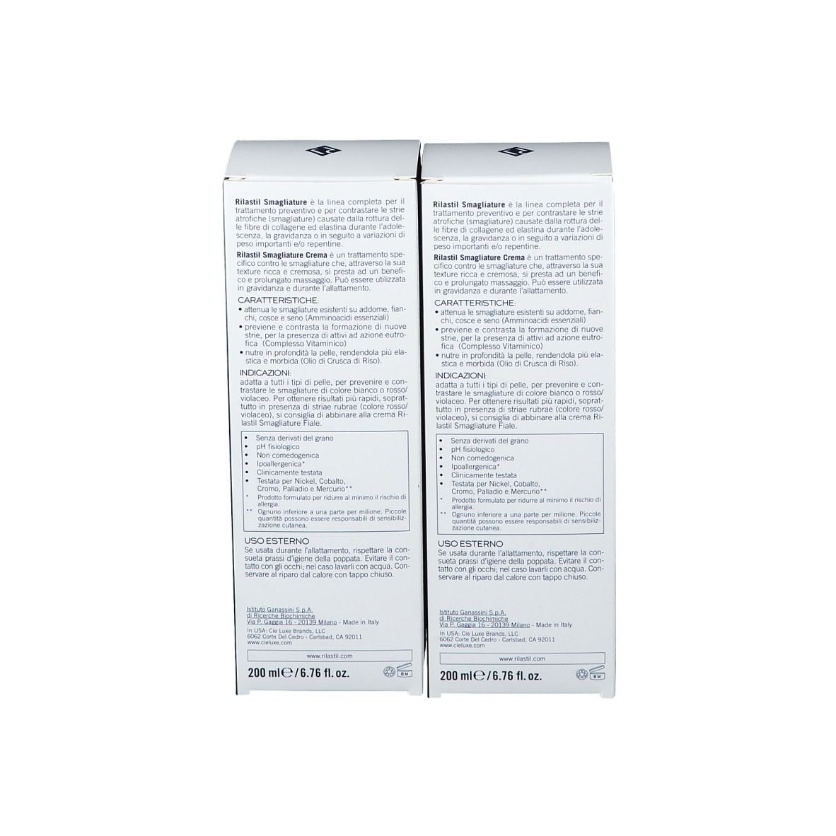 Retro di due scatole di crema RILASTIL® smagliature. Testo multilingue.